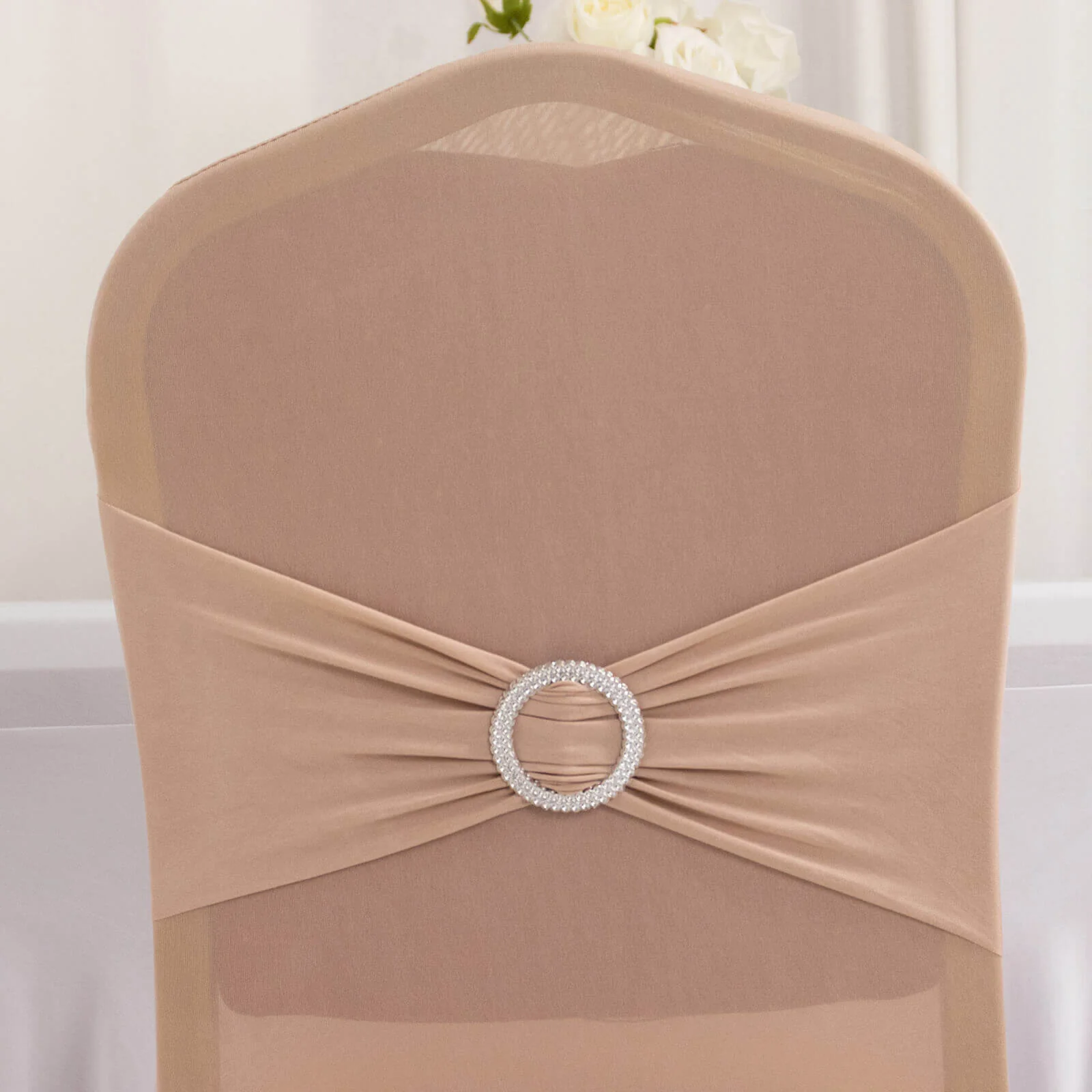 Spandex Banquet Chair Cover Nude with Silver Rhinestone Buckled Sash Band - Stretched Fitted Slip-On Slipcover - Image 7