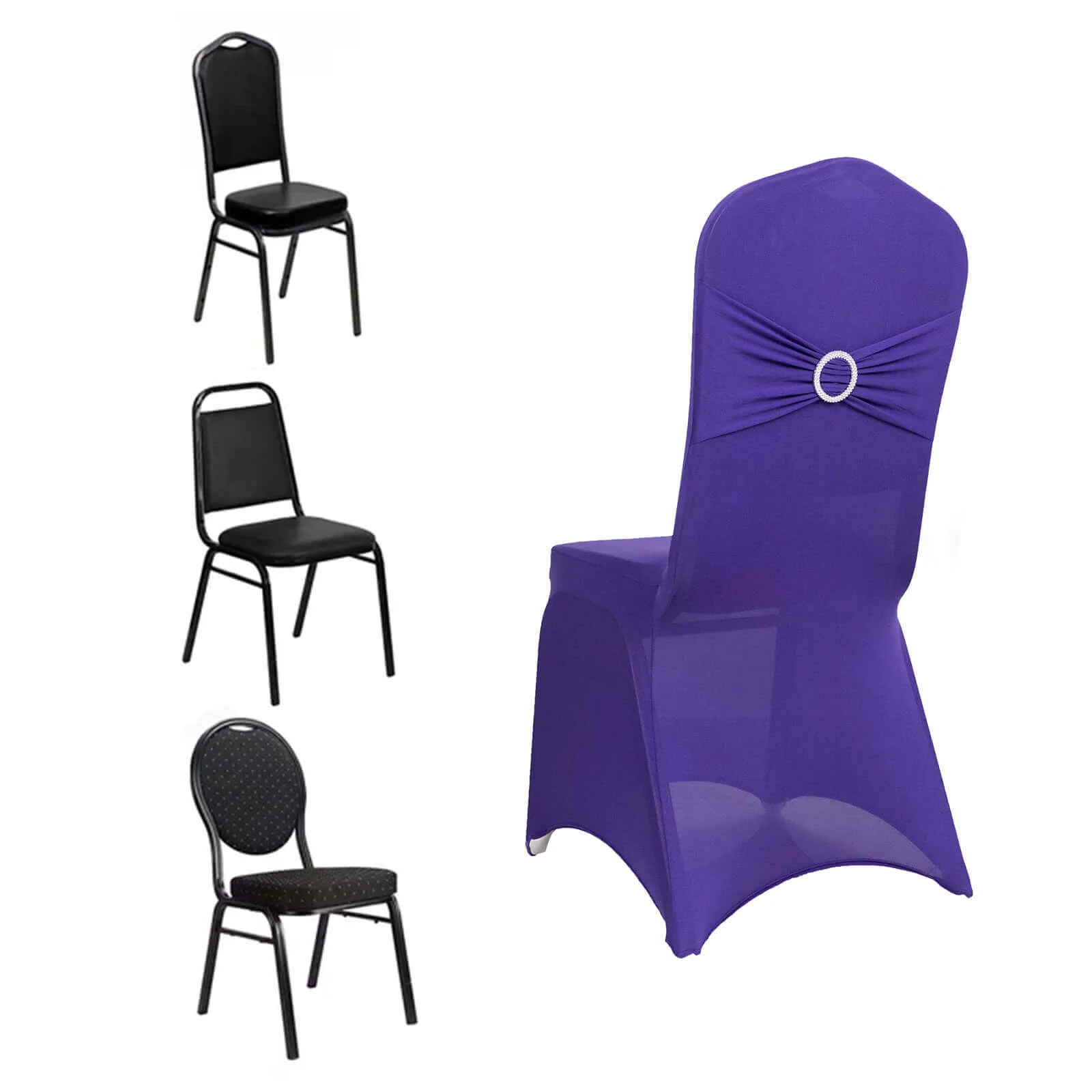 Spandex Banquet Chair Cover Purple with Silver Rhinestone Buckled Sash Band - Stretched Fitted Slip-On Slipcover - Image 3