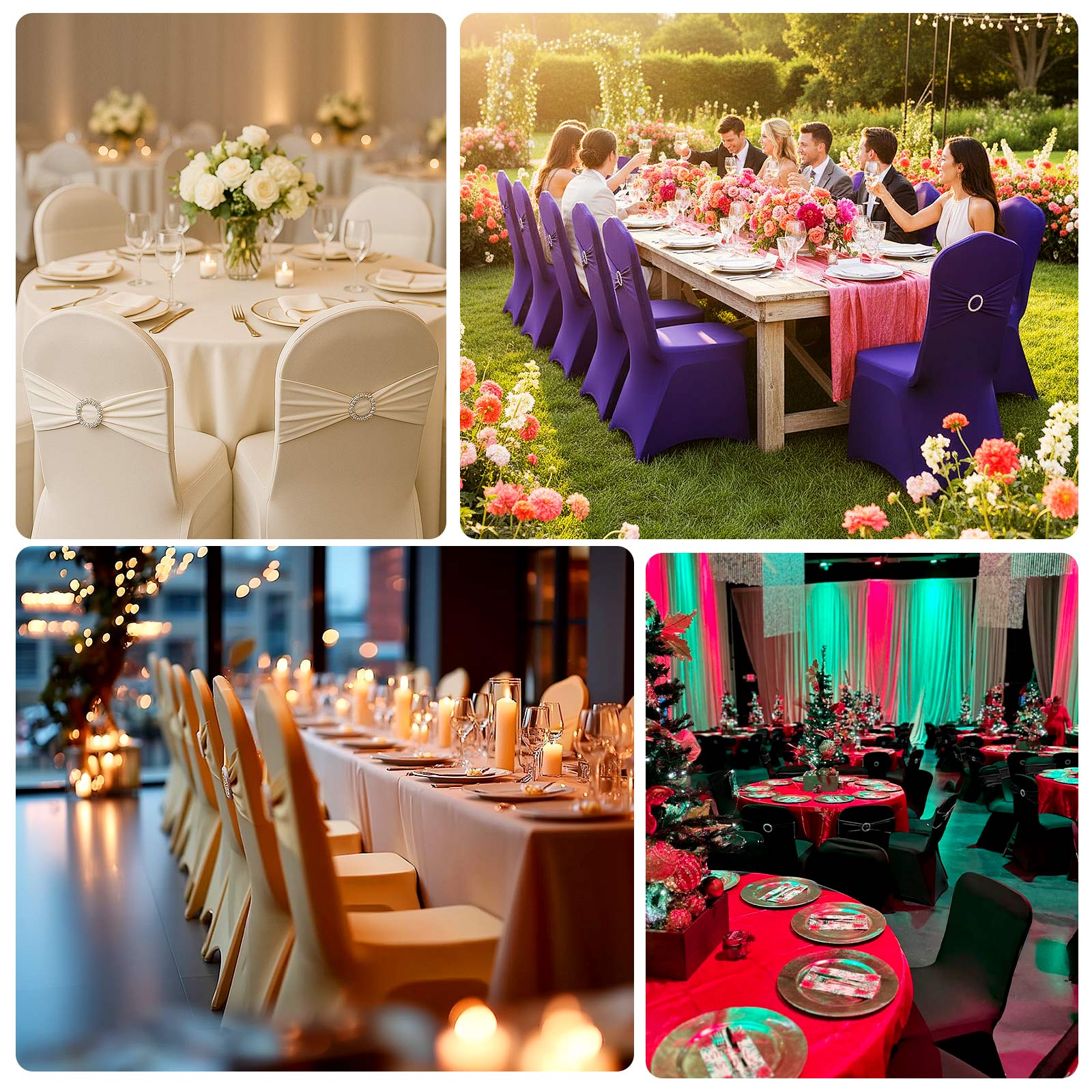 Spandex Banquet Chair Cover Purple with Silver Rhinestone Buckled Sash Band - Stretched Fitted Slip-On Slipcover - Image 5