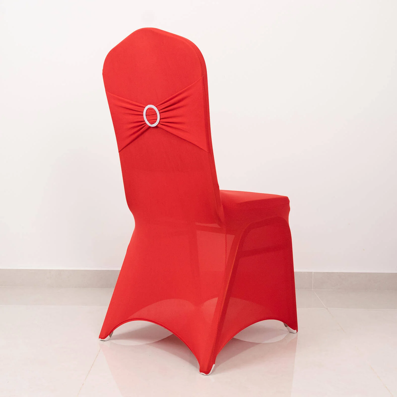 Spandex Banquet Chair Cover Red with Silver Rhinestone Buckled Sash Band - Stretched Fitted Slip-On Slipcover - Image 2