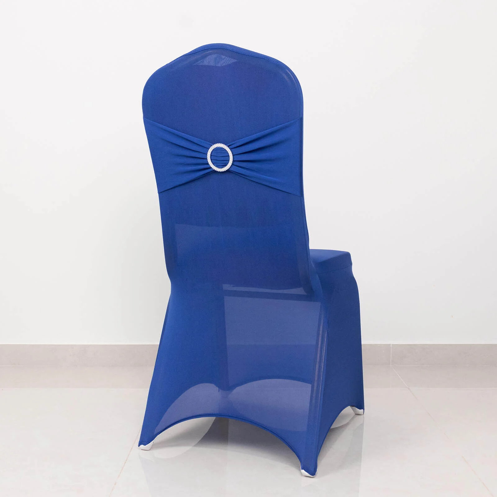 Spandex Banquet Chair Cover Royal Blue with Silver Rhinestone Buckled Sash Band - Stretched Fitted Slip-On Slipcover - Image 2