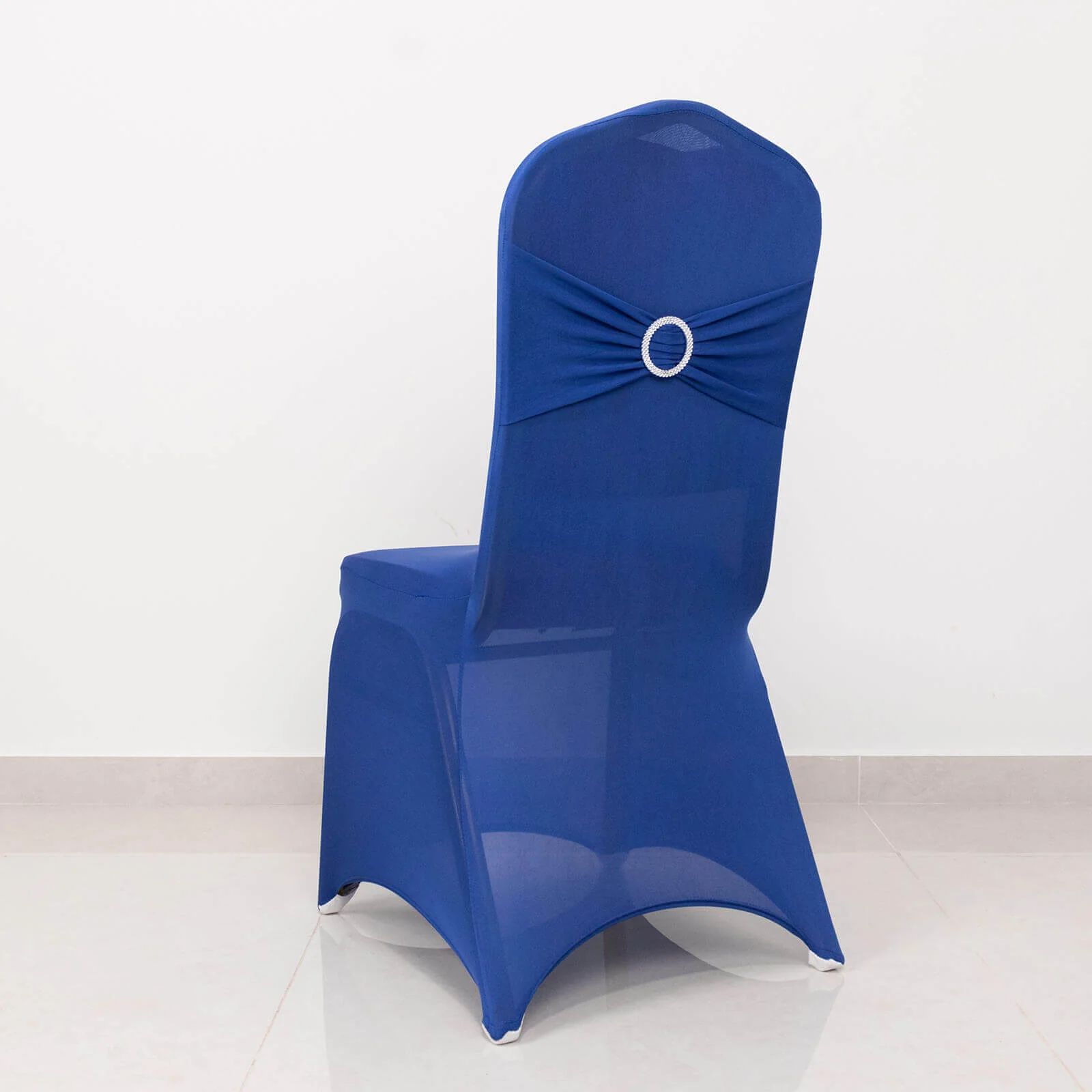 Spandex Banquet Chair Cover Royal Blue with Silver Rhinestone Buckled Sash Band - Stretched Fitted Slip-On Slipcover - Image 6
