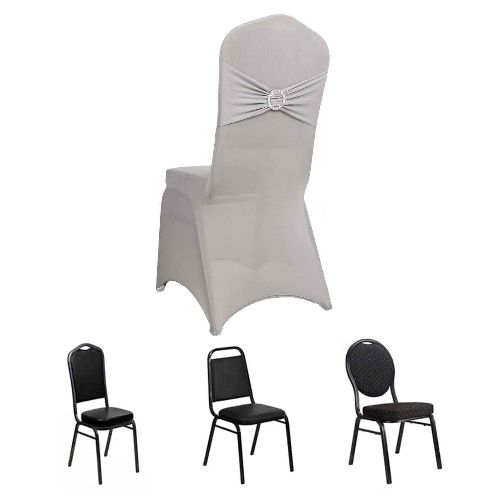 Spandex Banquet Chair Cover Silver with Rhinestone Buckled Sash Band - Stretched Fitted Slip-On Slipcover