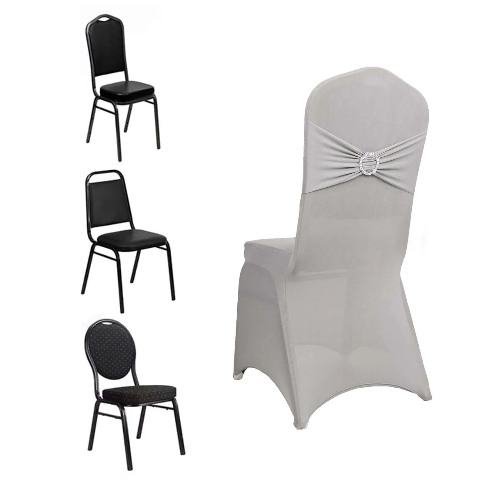 Spandex Banquet Chair Cover Silver with Rhinestone Buckled Sash Band - Stretched Fitted Slip-On Slipcover - Image 3