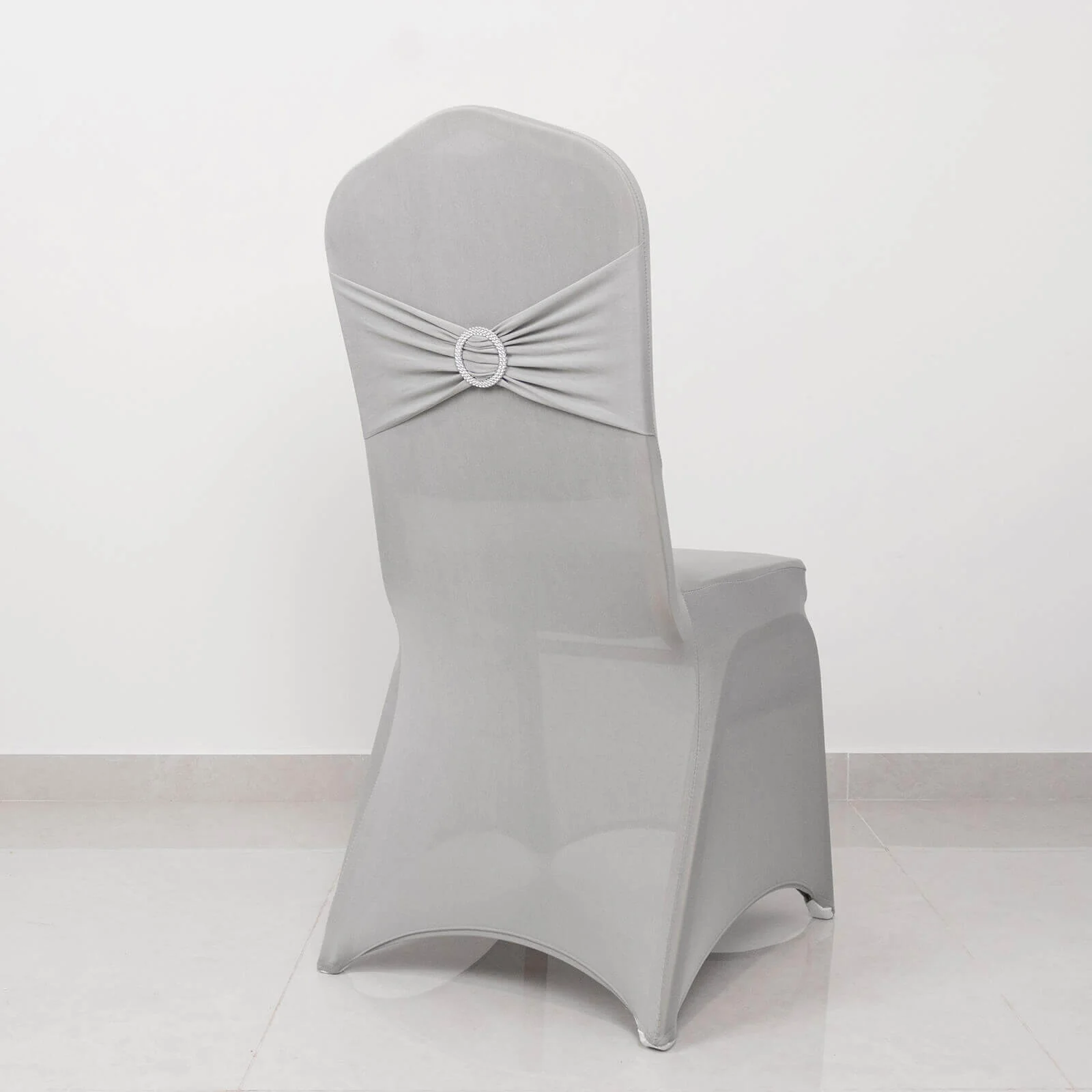 Spandex Banquet Chair Cover Silver with Rhinestone Buckled Sash Band - Stretched Fitted Slip-On Slipcover - Image 6