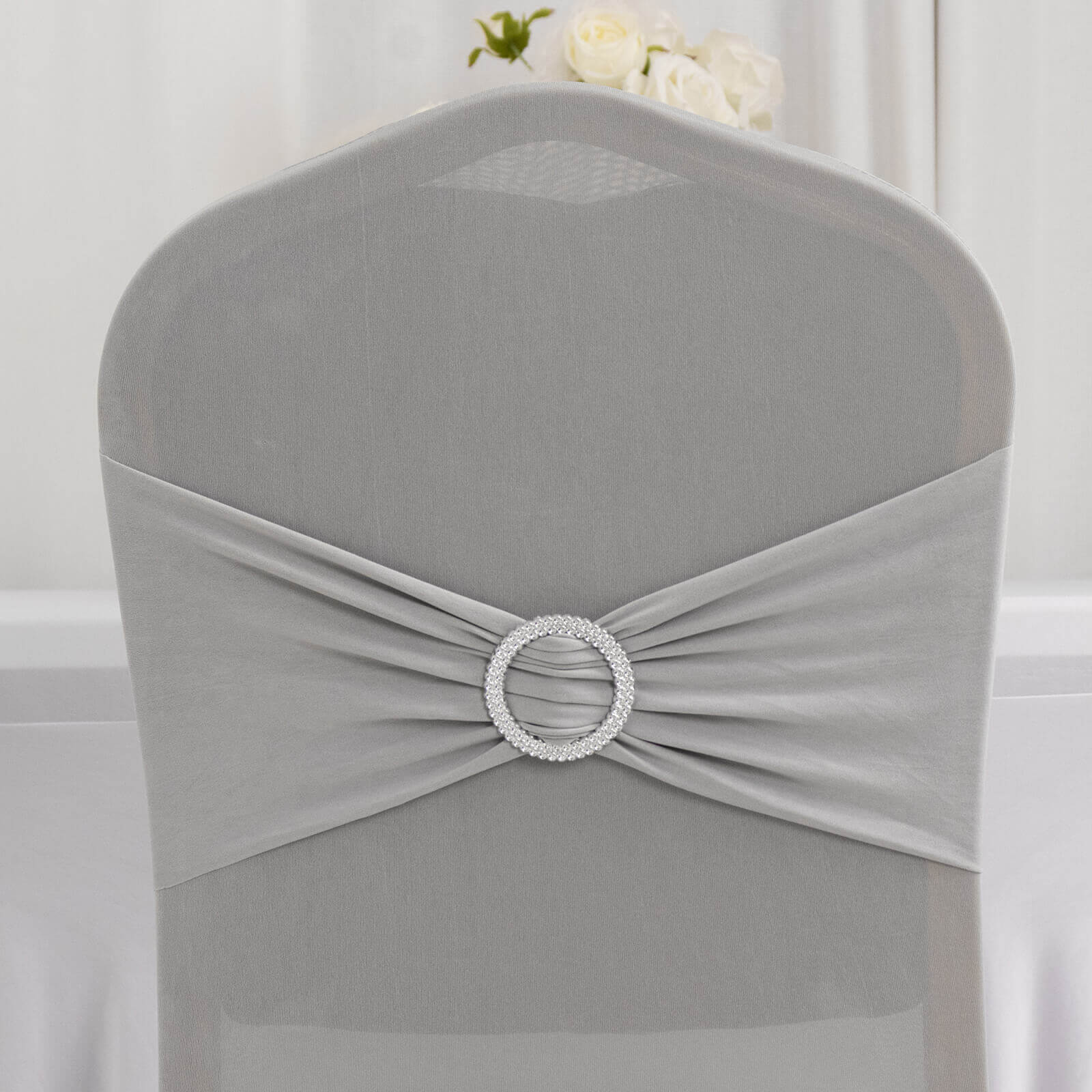 Spandex Banquet Chair Cover Silver with Rhinestone Buckled Sash Band - Stretched Fitted Slip-On Slipcover - Image 7