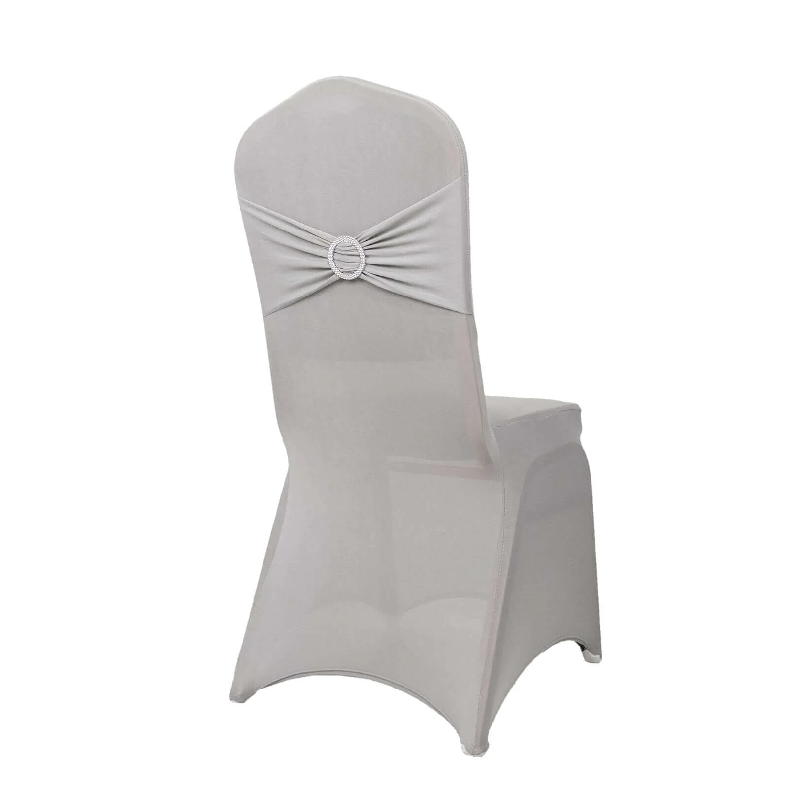 Spandex Banquet Chair Cover Silver with Rhinestone Buckled Sash Band - Stretched Fitted Slip-On Slipcover - Image 8