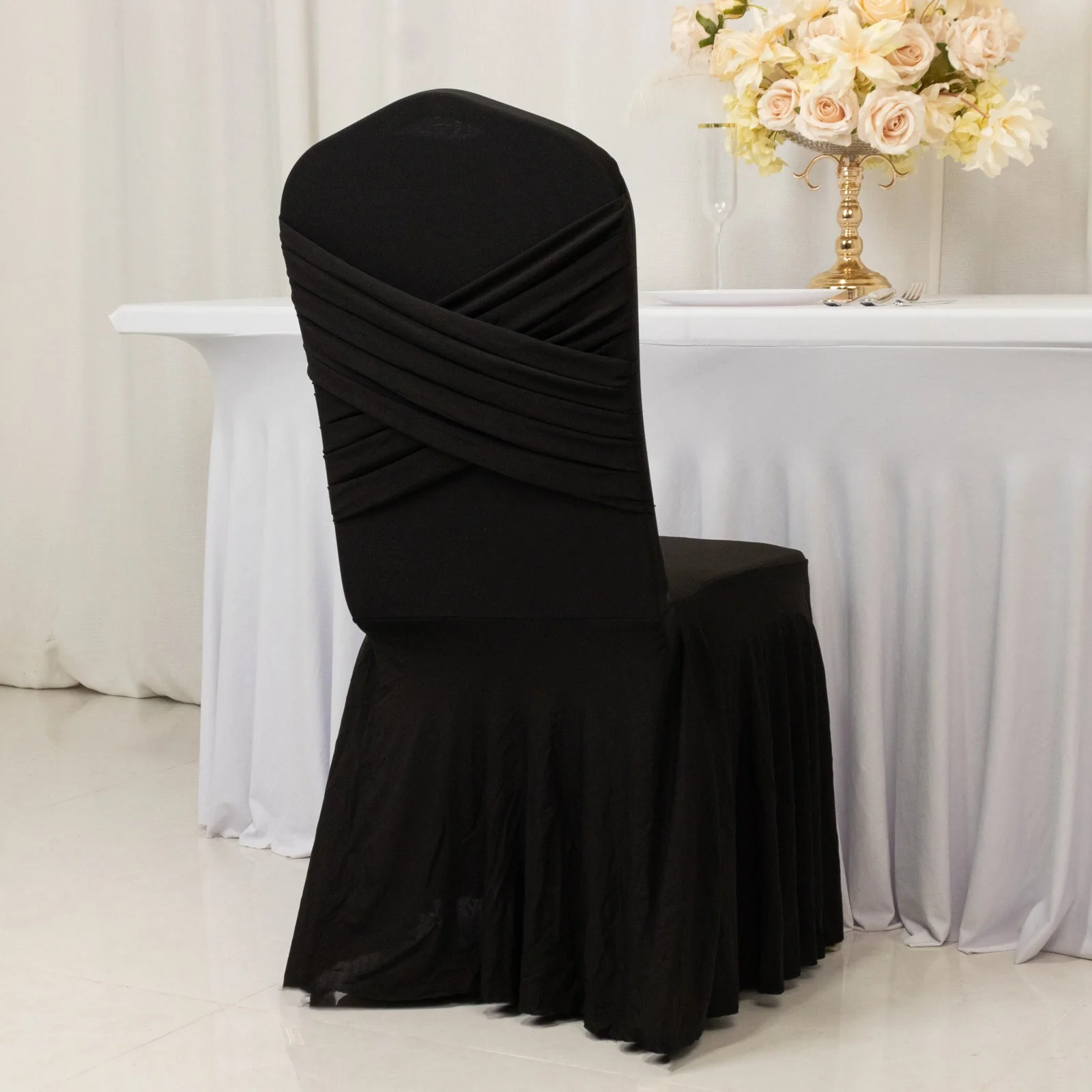 Spandex Banquet Chair Cover with Ruffle Pleated Skirt Cross Back Sash – Black Stretch Fitted Slipcover for Weddings & Events - Image 2