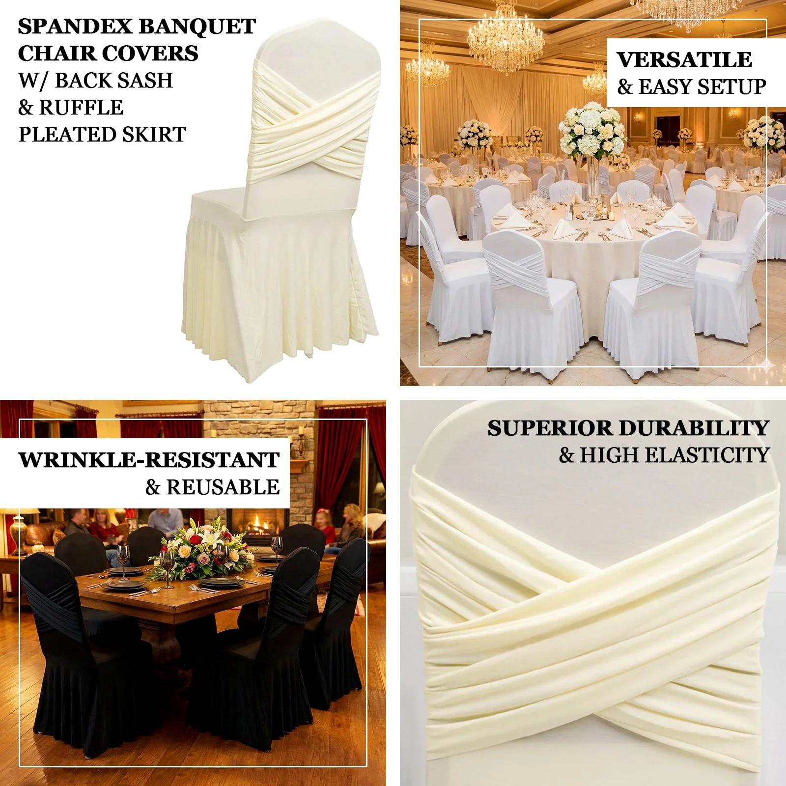 Spandex Banquet Chair Cover with Ruffle Pleated Skirt Cross Back Sash – Black Stretch Fitted Slipcover for Weddings & Events - Image 4