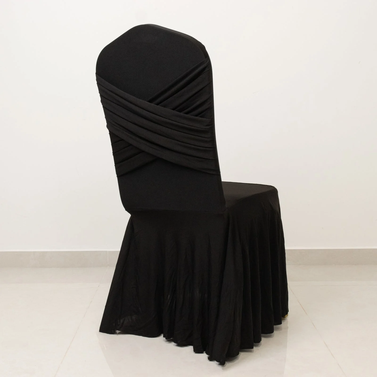 Spandex Banquet Chair Cover with Ruffle Pleated Skirt Cross Back Sash – Black Stretch Fitted Slipcover for Weddings & Events - Image 7