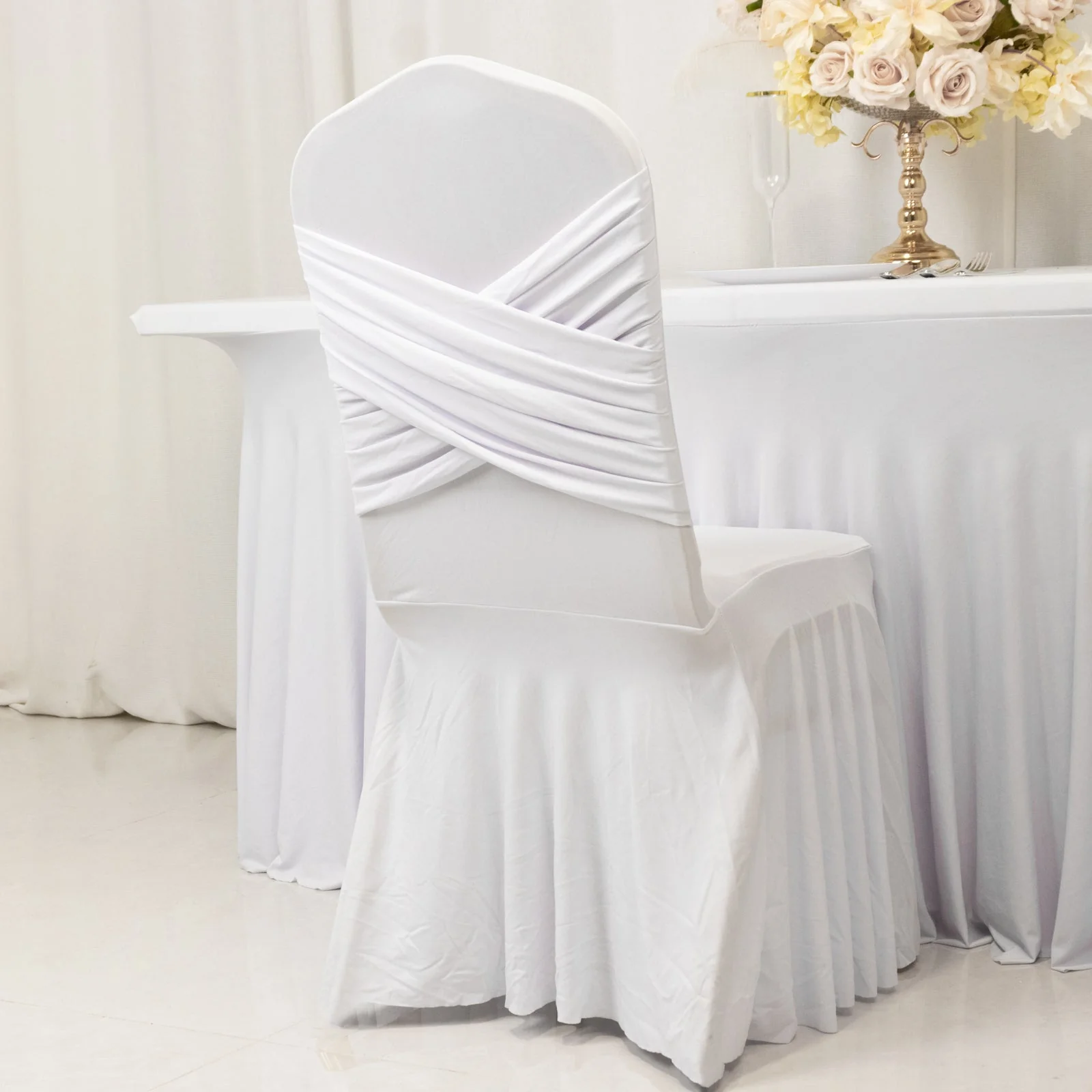 Spandex Banquet Chair Cover with Ruffle Pleated Skirt Cross Back Sash – White Stretch Fitted Slipcover for Weddings & Events - Image 2
