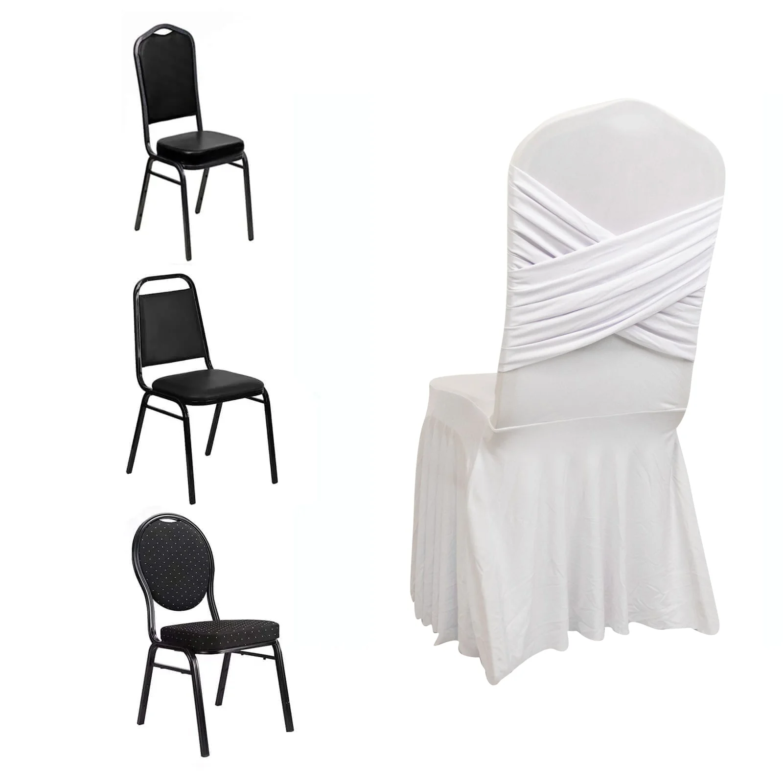 Spandex Banquet Chair Cover with Ruffle Pleated Skirt Cross Back Sash – White Stretch Fitted Slipcover for Weddings & Events - Image 3