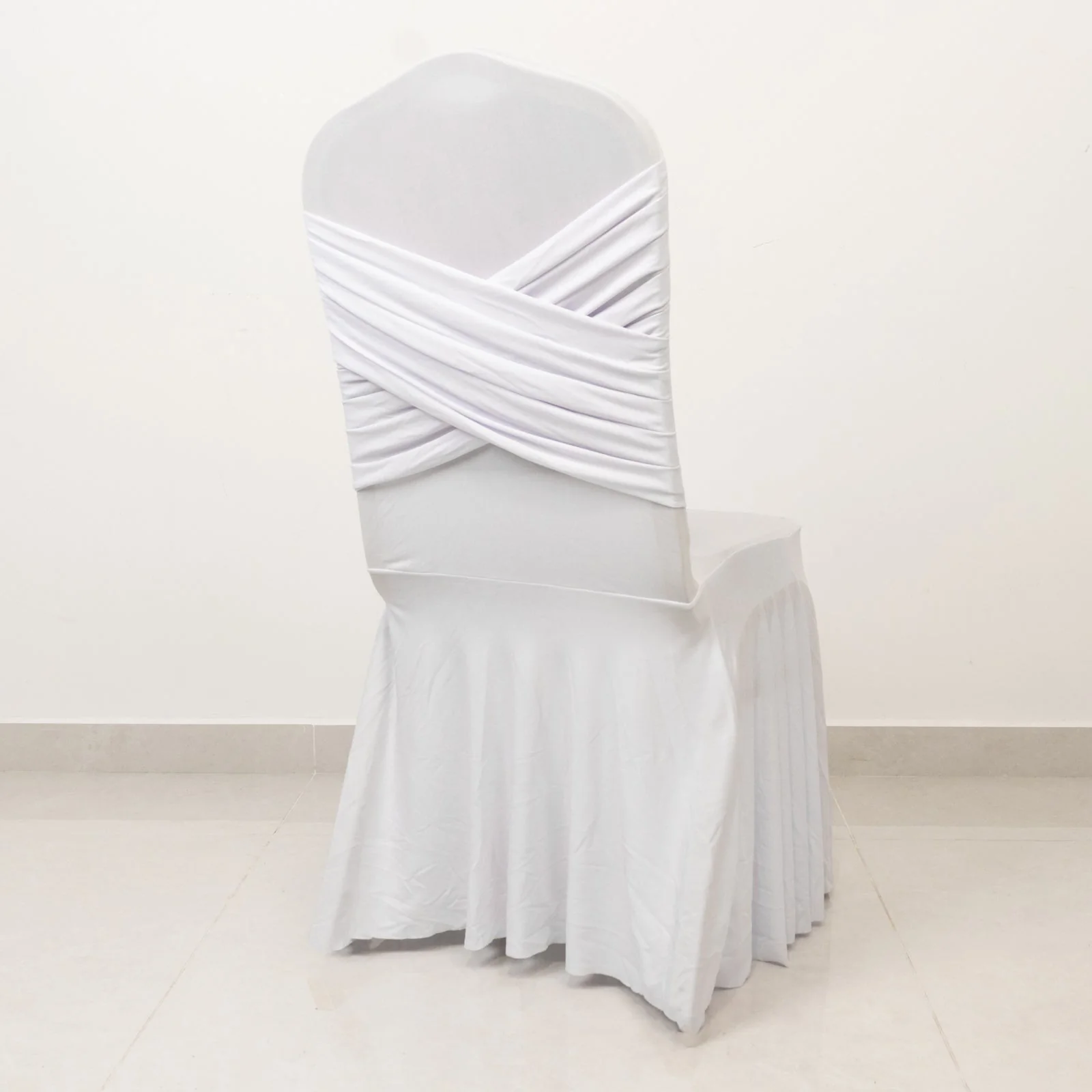 Spandex Banquet Chair Cover with Ruffle Pleated Skirt Cross Back Sash – White Stretch Fitted Slipcover for Weddings & Events - Image 6