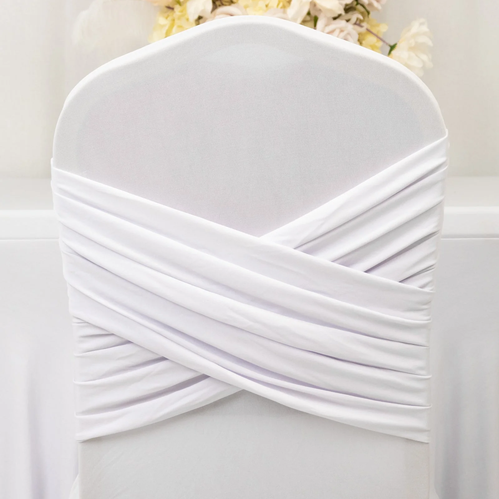 Spandex Banquet Chair Cover with Ruffle Pleated Skirt Cross Back Sash – White Stretch Fitted Slipcover for Weddings & Events - Image 7