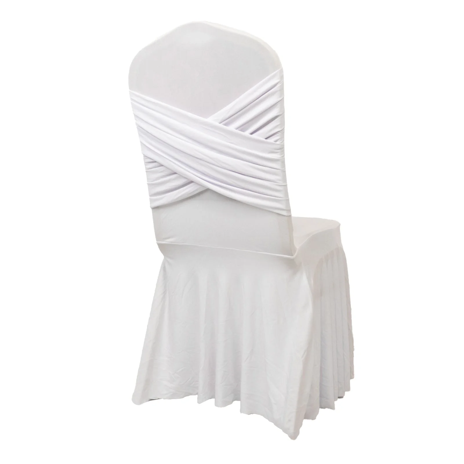 Spandex Banquet Chair Cover with Ruffle Pleated Skirt Cross Back Sash – White Stretch Fitted Slipcover for Weddings & Events - Image 8