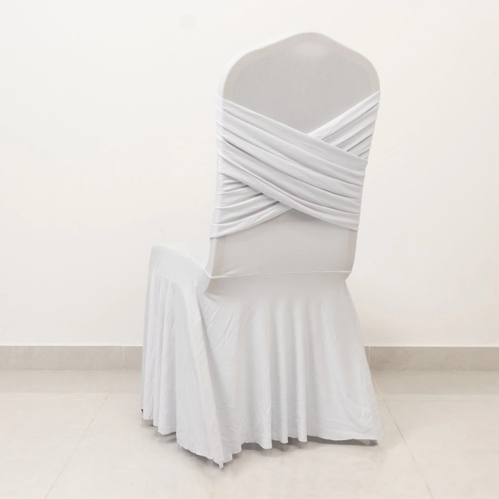 Spandex Banquet Chair Cover with Ruffle Pleated Skirt Cross Back Sash – White Stretch Fitted Slipcover for Weddings & Events - Image 9