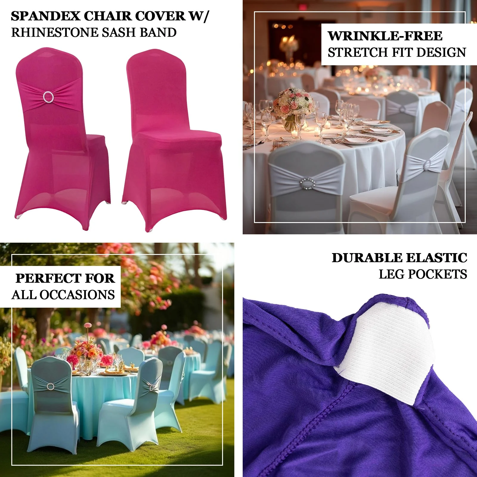 Spandex Banquet Chair Cover White with Silver Rhinestone Buckled Sash Band - Stretched Fitted Slip-On Slipcover - Image 4