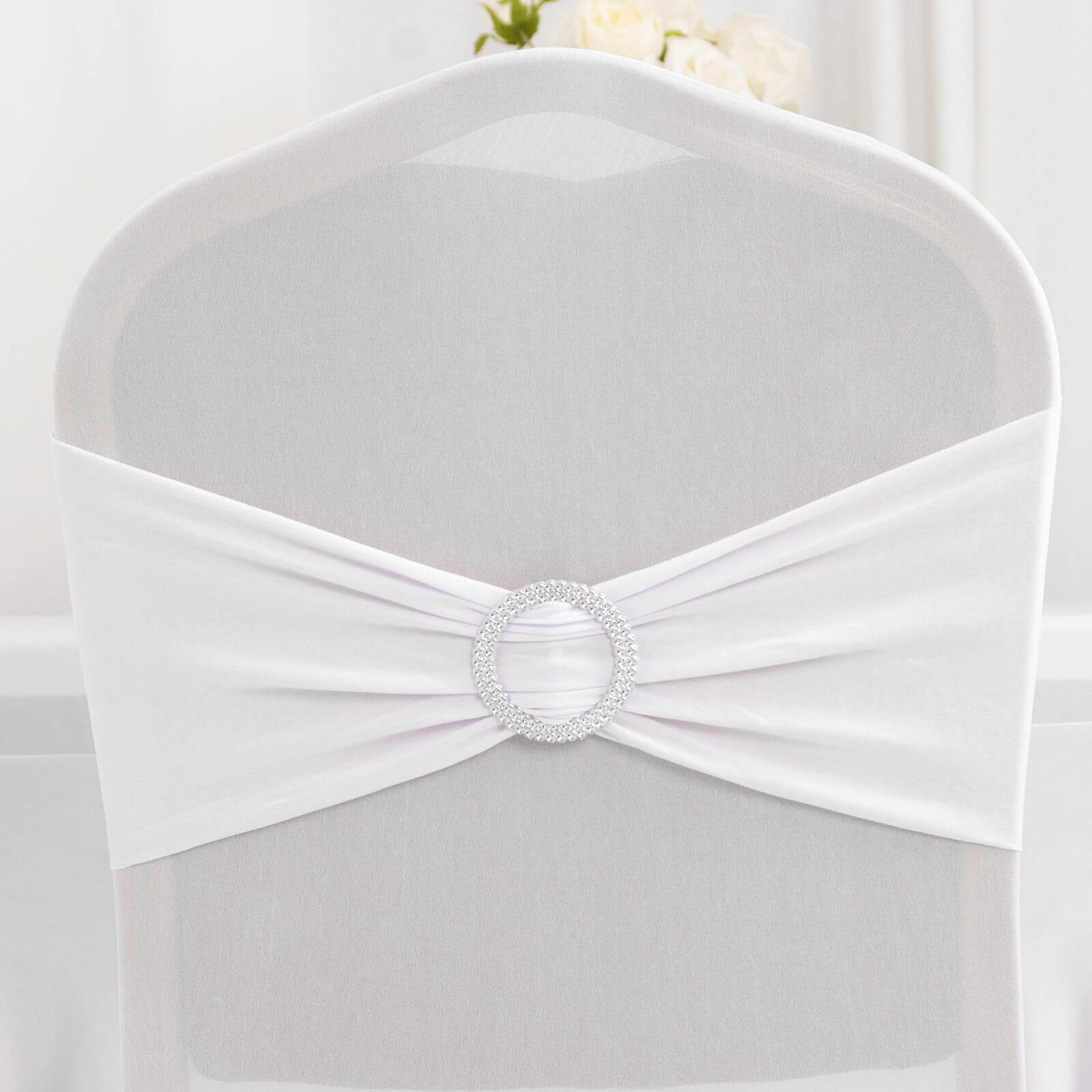Spandex Banquet Chair Cover White with Silver Rhinestone Buckled Sash Band - Stretched Fitted Slip-On Slipcover - Image 7