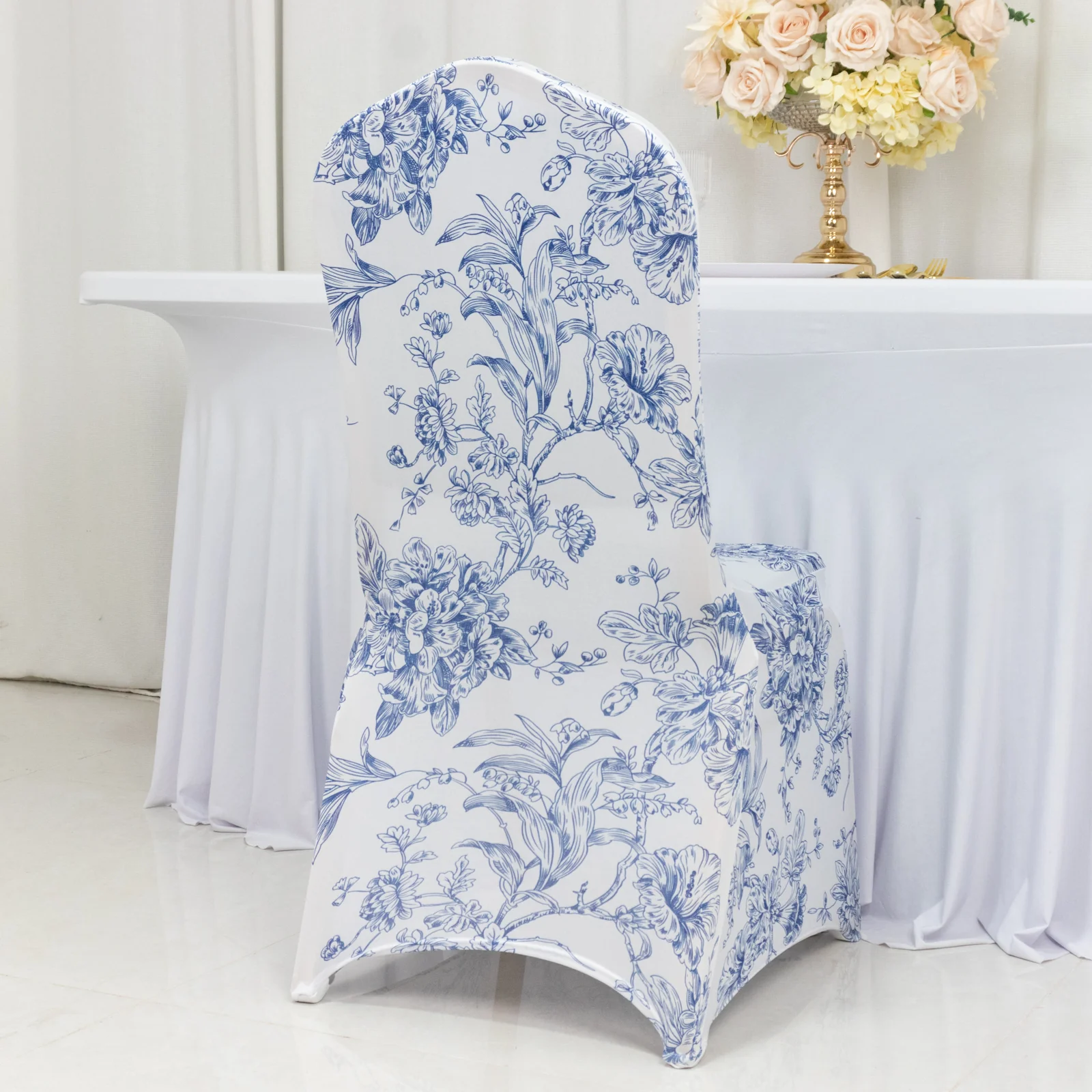 10 Pack Spandex Fitted Banquet Chair Covers – White Blue French Toile Stretch Slip-On Reusable Floral Slipcovers - Image 2