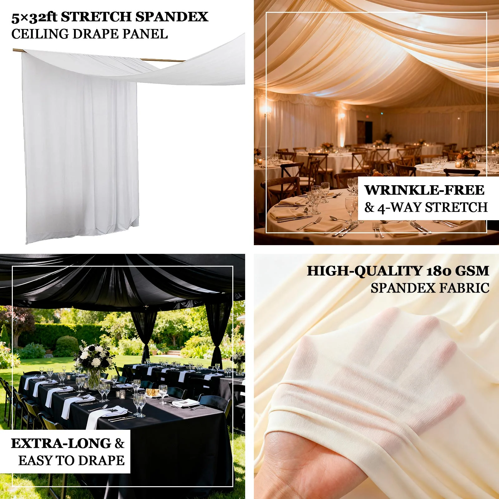Spandex Ceiling Drape Panel – Black, 5ft x 32ft Wrinkle-Free 4-Way Stretch Fabric, Extra-Long Curtain for Event Ceiling or Backdrop Décor - Image 4