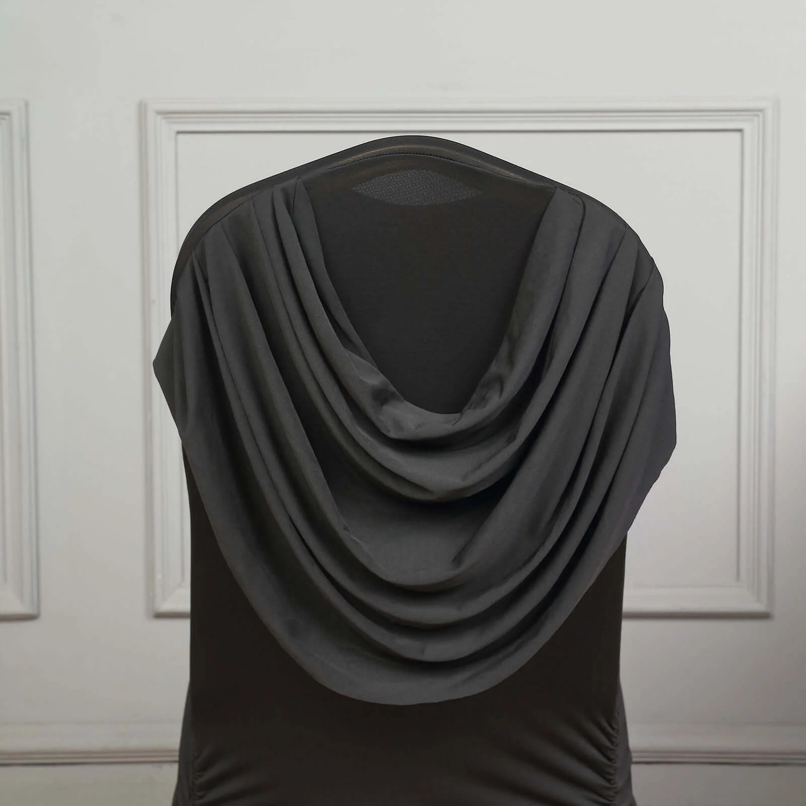 Spandex Fitted Banquet Chair Cover Black with Ruched Swag Back and Foot Pockets - Durable Slip-On Slipcover - Image 2