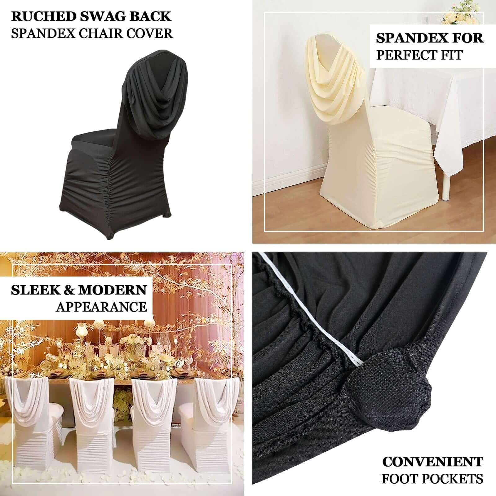 Spandex Fitted Banquet Chair Cover Ivory with Ruched Swag Back and Foot Pockets - Durable Slip-On Slipcover - Image 3