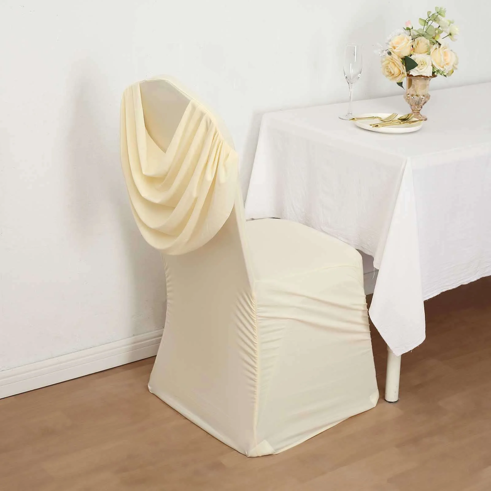 Spandex Fitted Banquet Chair Cover Ivory with Ruched Swag Back and Foot Pockets - Durable Slip-On Slipcover - Image 5