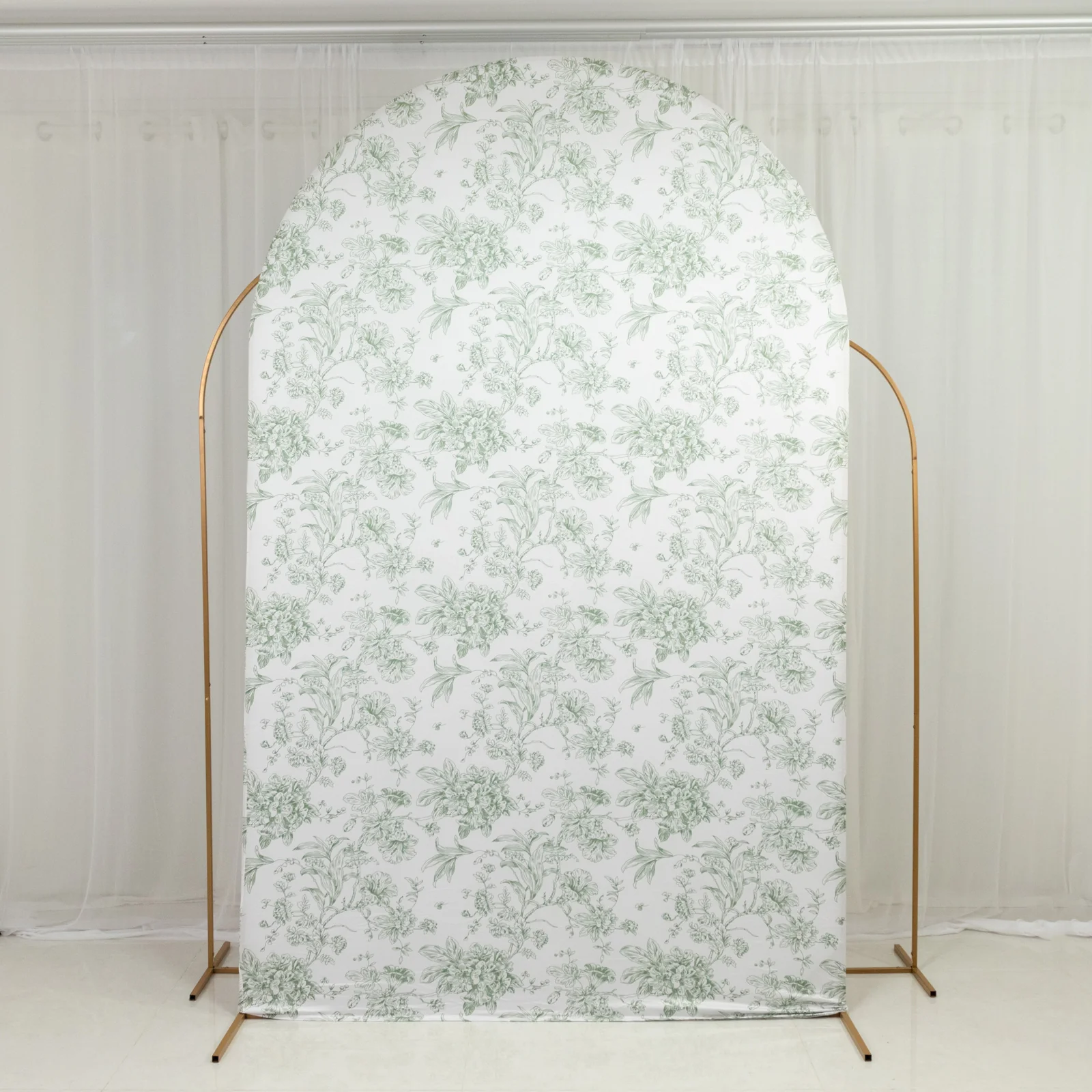 Spandex Fitted Chiara Backdrop Cover – French Toile Floral in Dusty Sage Green & White, Round Top Wedding Arch Slipcover 8ft