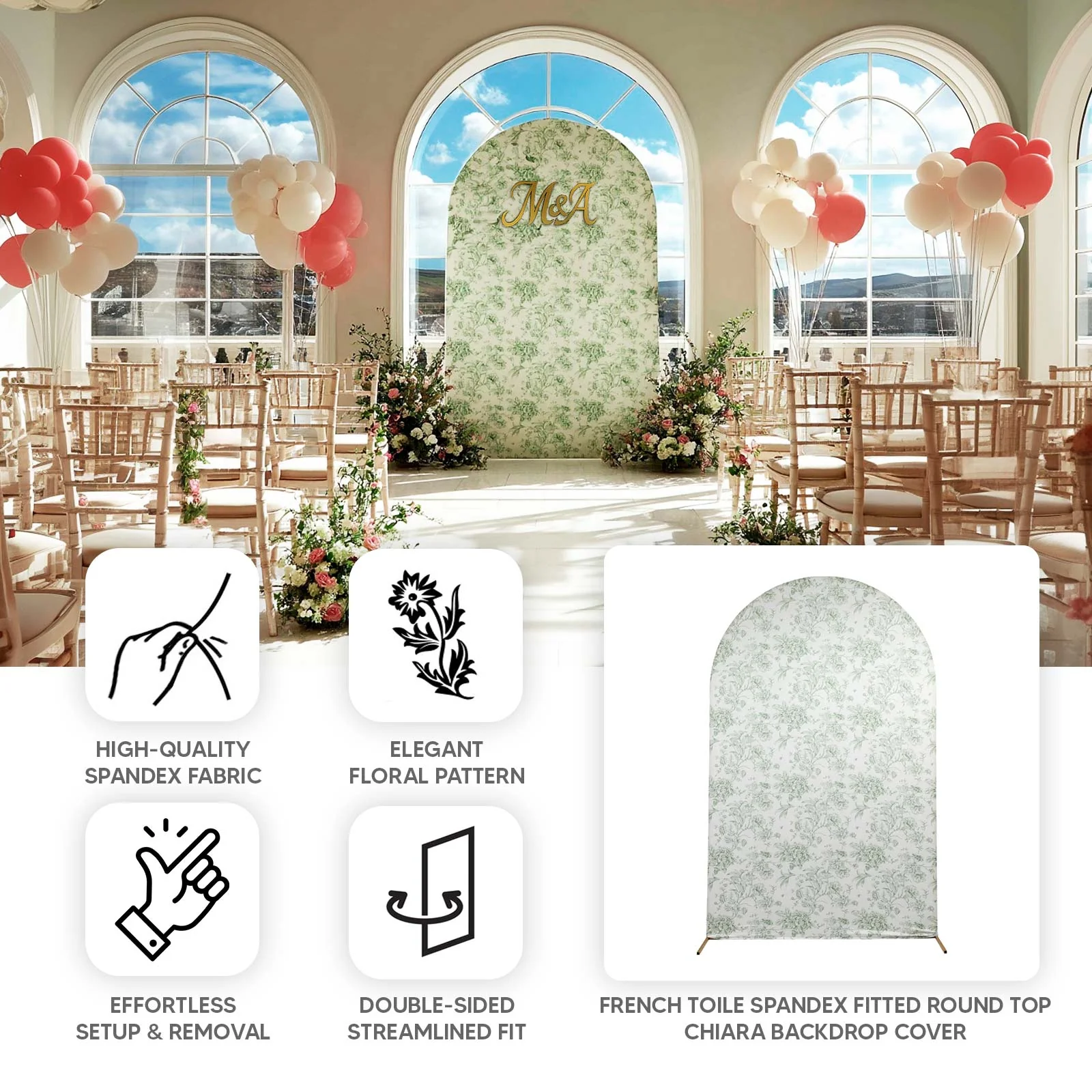 Spandex Fitted Chiara Backdrop Cover – French Toile Floral in Dusty Sage Green & White, Round Top Wedding Arch Slipcover 8ft - Image 4