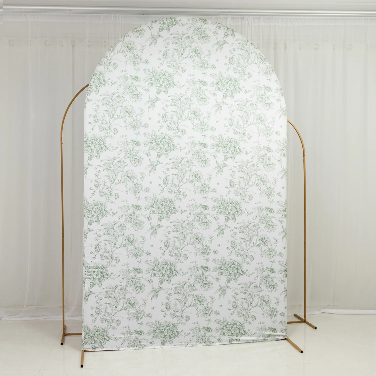 Spandex Fitted Chiara Backdrop Cover – French Toile Floral in Dusty Sage Green & White, Round Top Wedding Arch Slipcover 8ft - Image 9