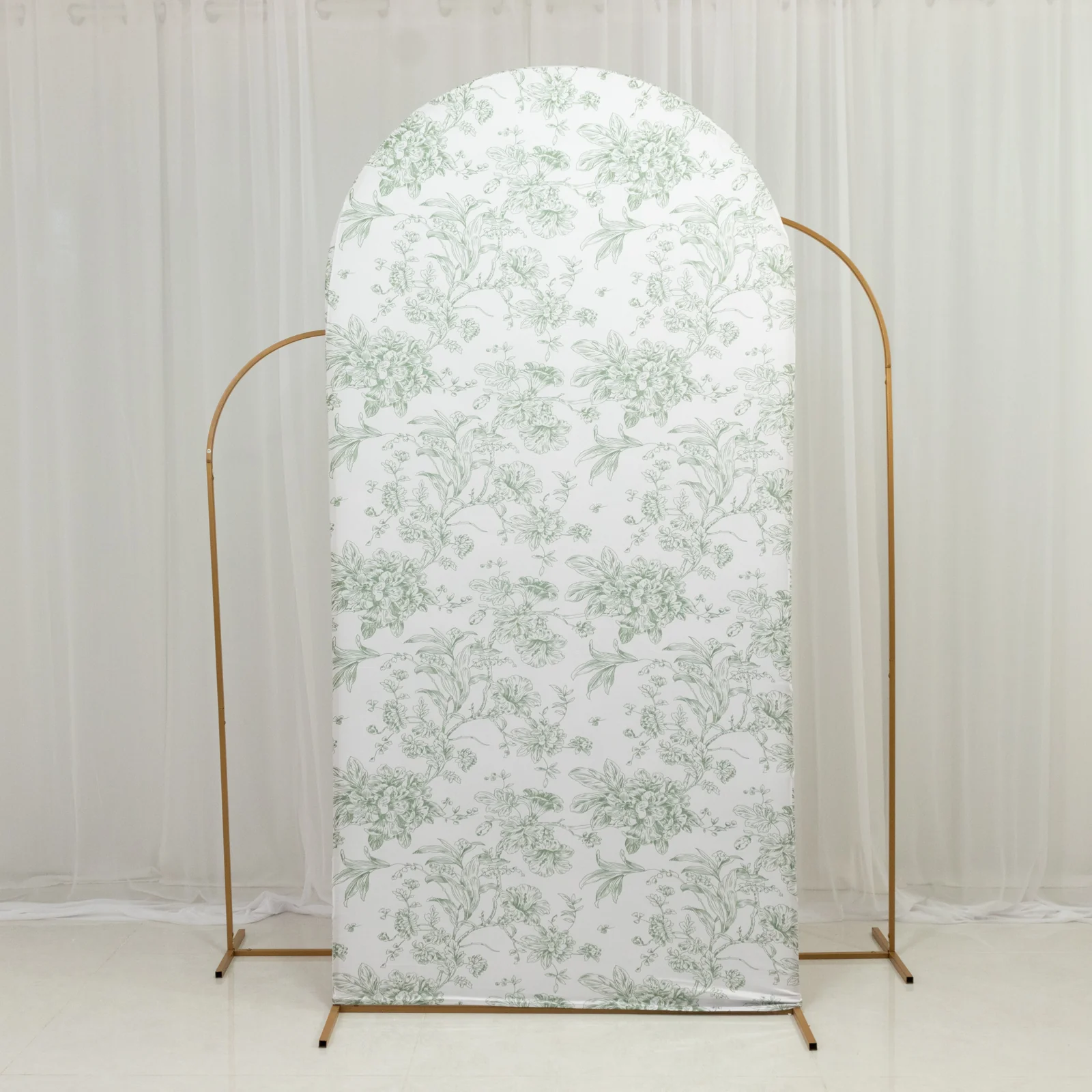 Spandex Fitted Chiara Backdrop Cover – French Toile Floral in Dusty Sage Green & White, Round Top Wedding Arch Slipcover 7ft