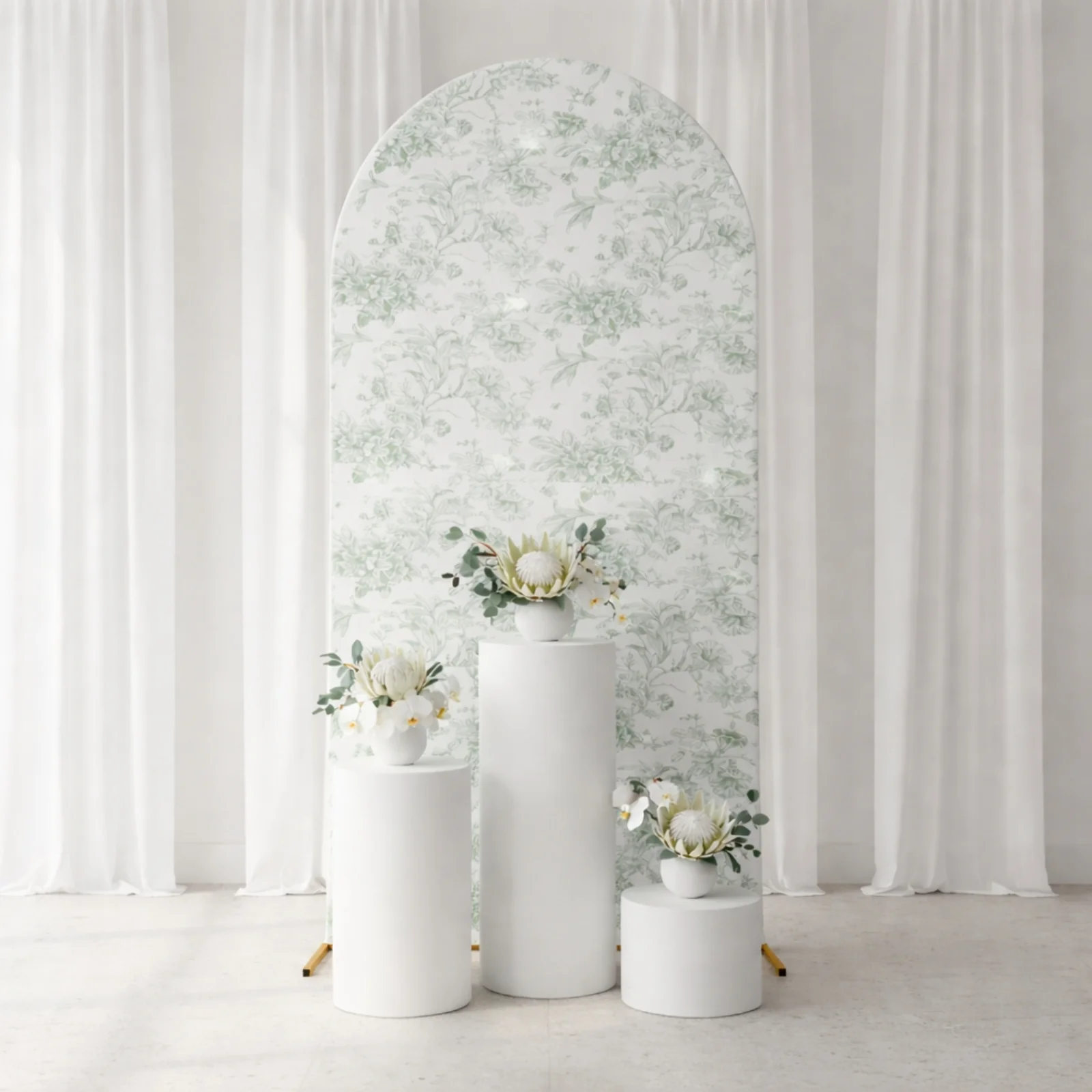 Spandex Fitted Chiara Backdrop Cover – French Toile Floral in Dusty Sage Green & White, Round Top Wedding Arch Slipcover 7ft - Image 5