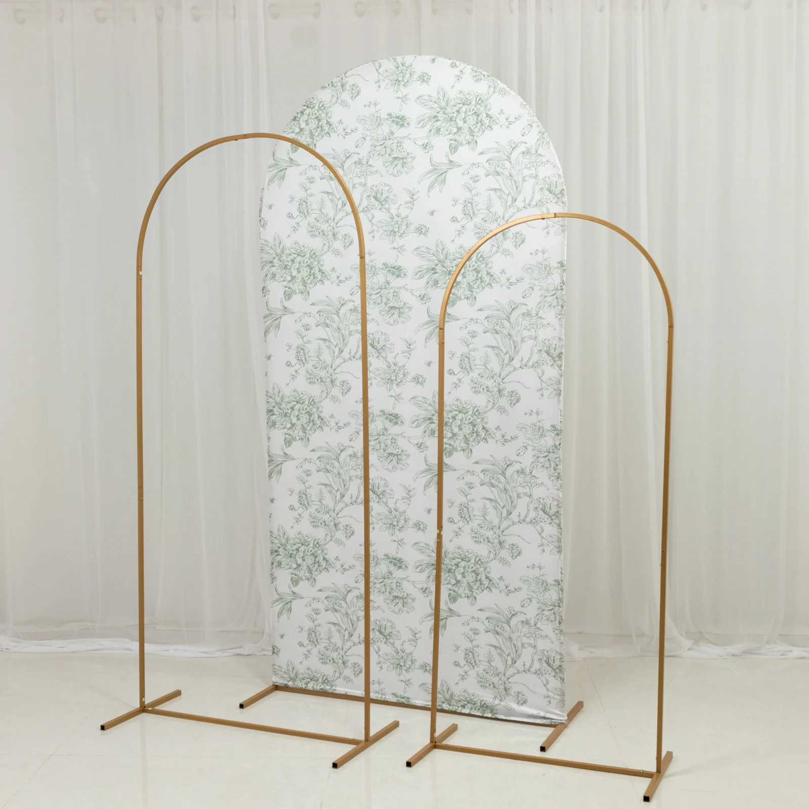Spandex Fitted Chiara Backdrop Cover – French Toile Floral in Dusty Sage Green & White, Round Top Wedding Arch Slipcover 7ft - Image 6