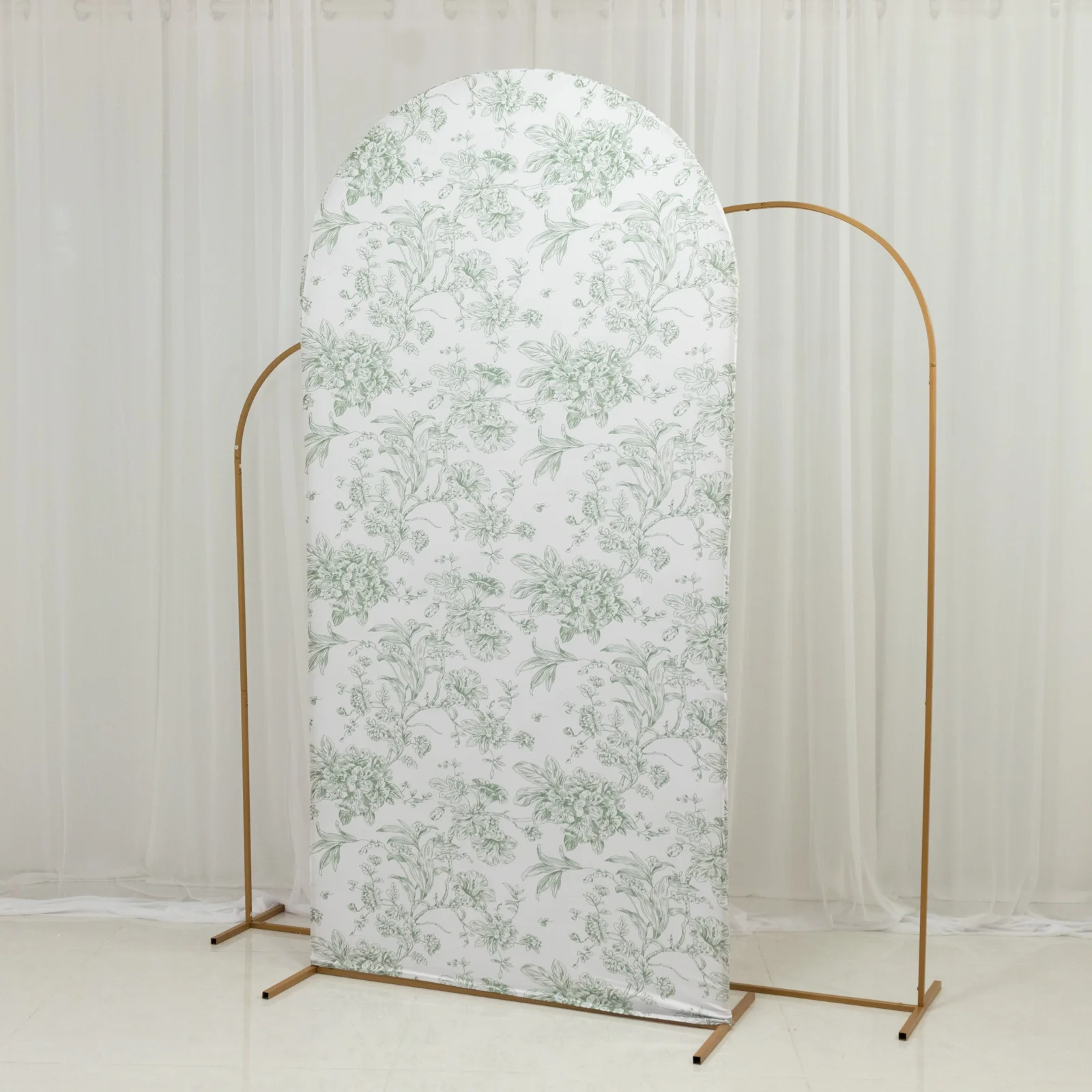 Spandex Fitted Chiara Backdrop Cover – French Toile Floral in Dusty Sage Green & White, Round Top Wedding Arch Slipcover 7ft - Image 8