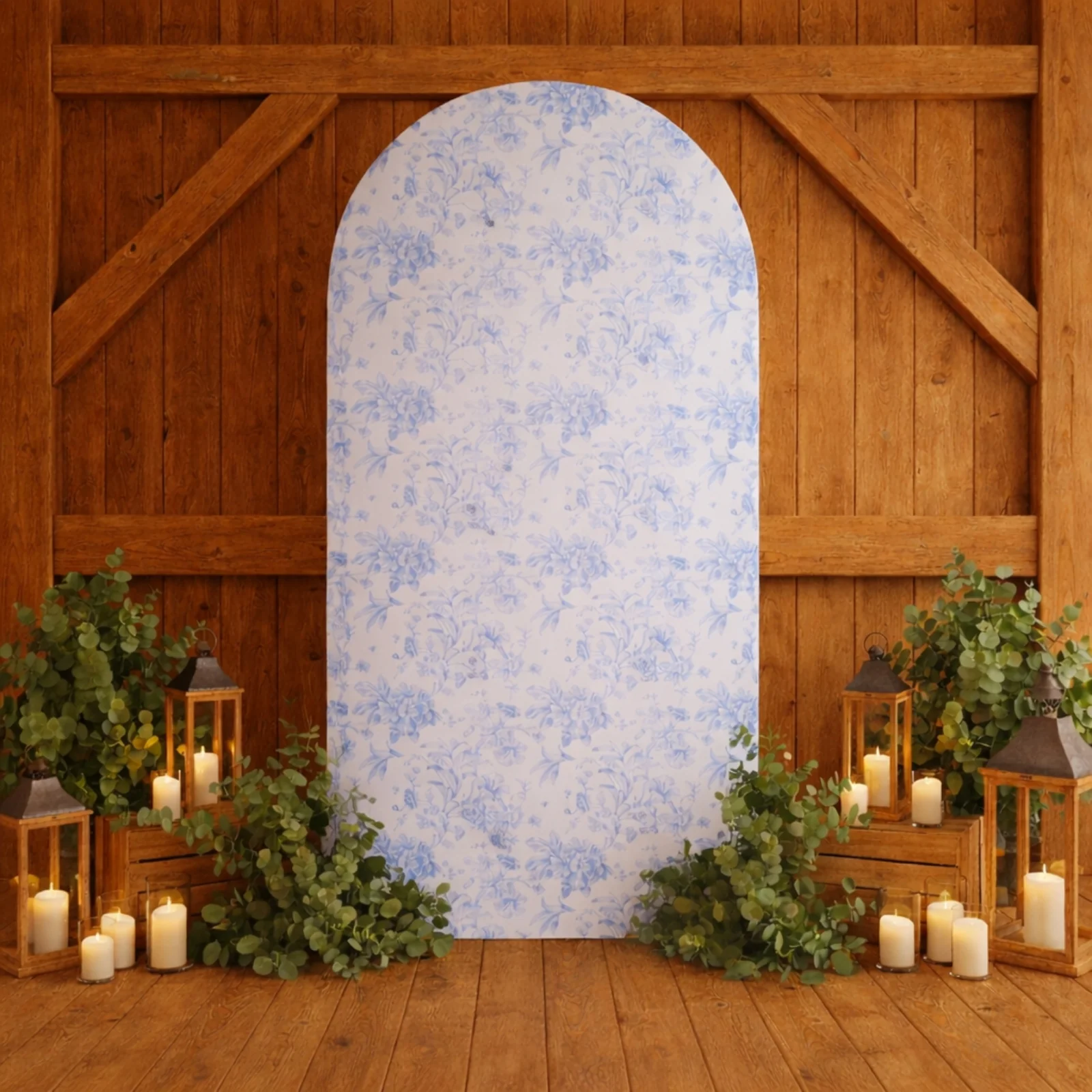 Spandex Fitted Chiara Backdrop Cover – French Toile Floral in Blue & White, Round Top Wedding Arch Slipcover 7ft - Image 5