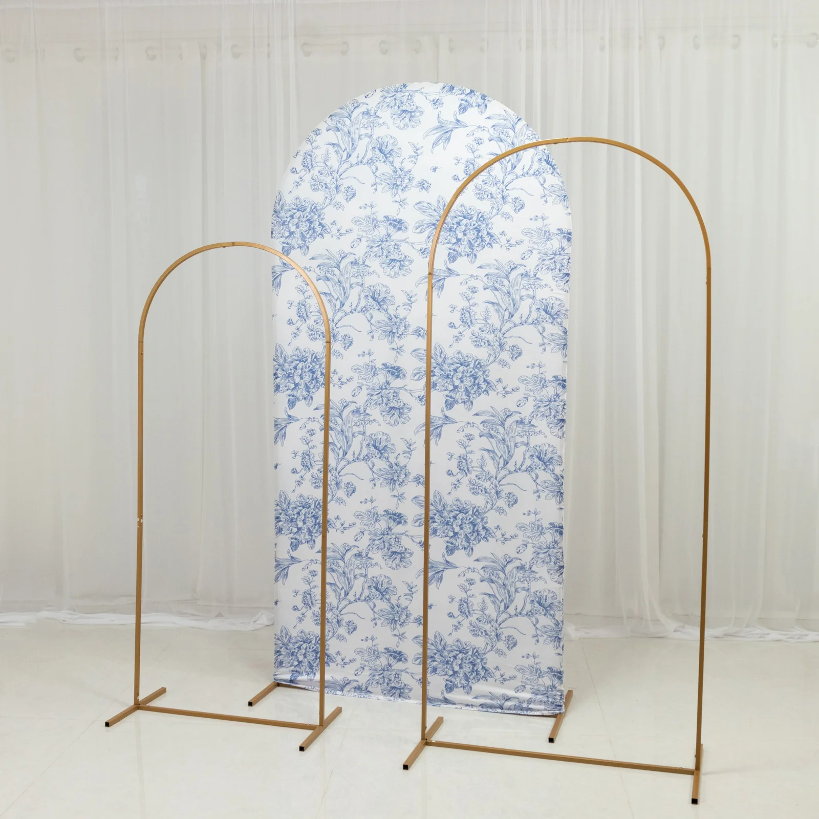 Spandex Fitted Chiara Backdrop Cover – French Toile Floral in Blue & White, Round Top Wedding Arch Slipcover 7ft - Image 6