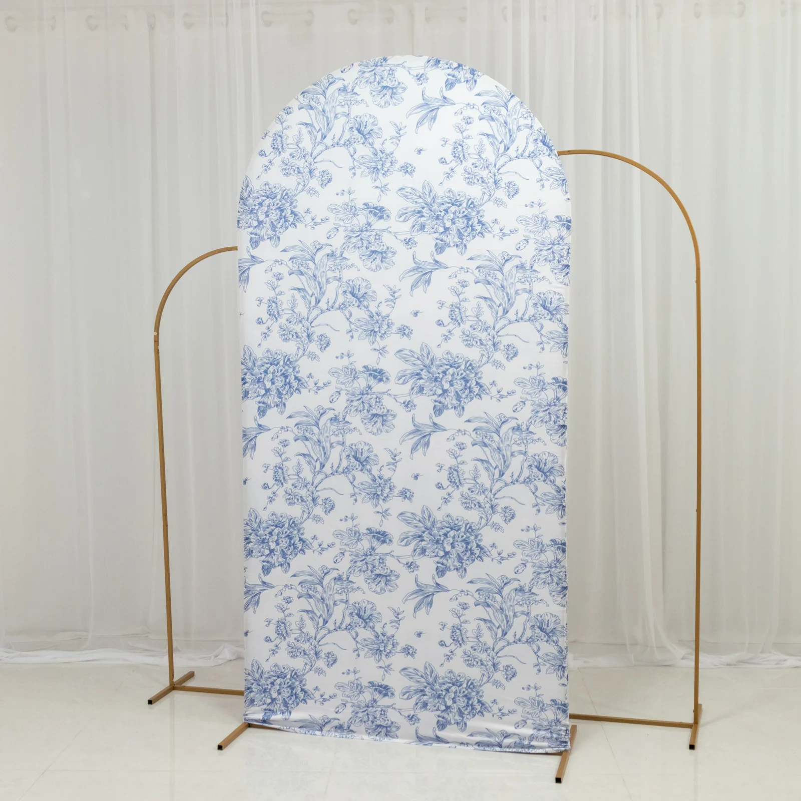 Spandex Fitted Chiara Backdrop Cover – French Toile Floral in Blue & White, Round Top Wedding Arch Slipcover 7ft - Image 8