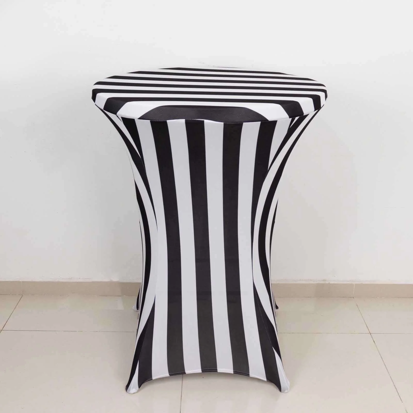 Spandex Fitted Round Cocktail Table Cover 30" Black/White Striped Design - Easy to Maintain Stretch Tablecloth - Image 2