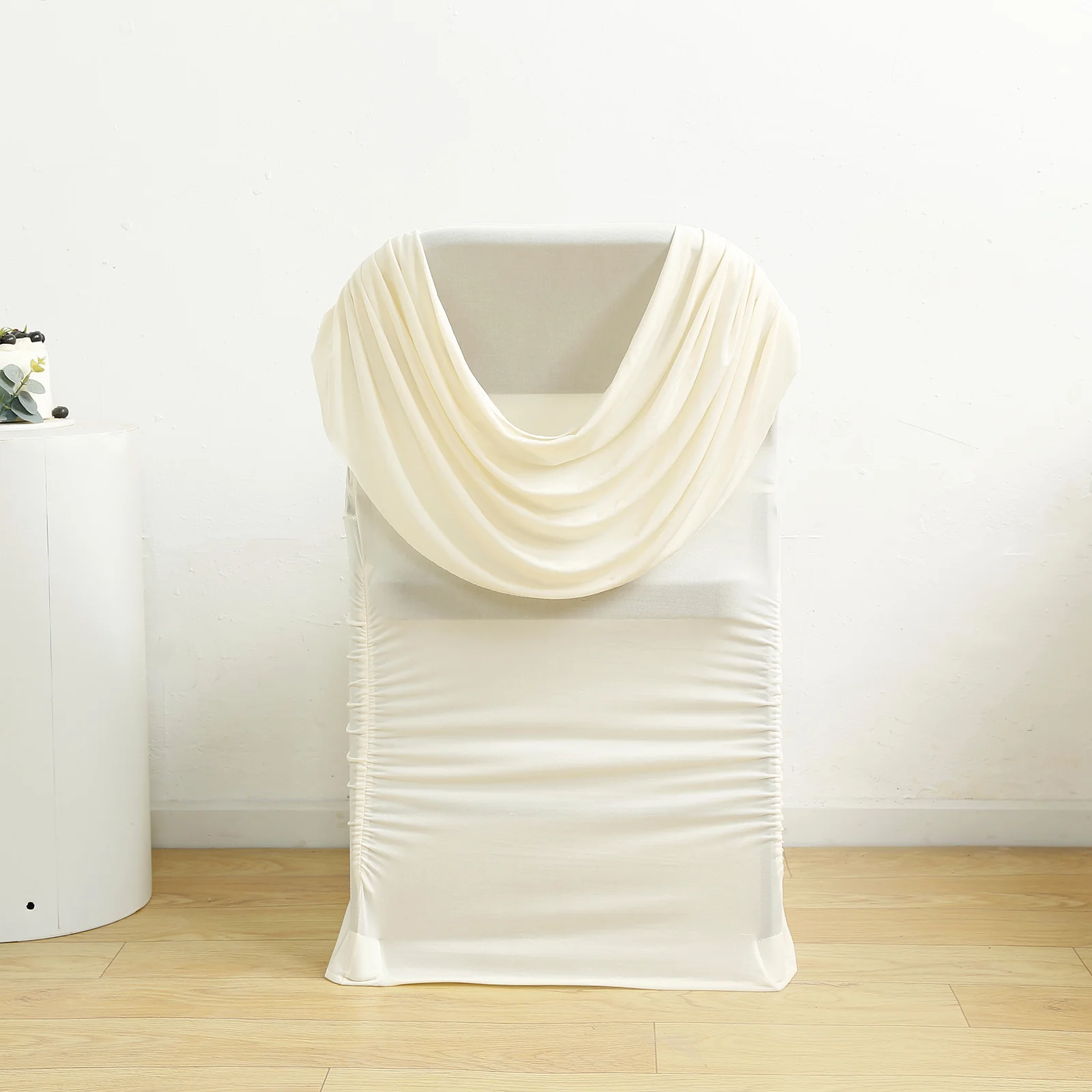 Spandex Fitted Folding Chair Cover Ivory with Ruched Swag Back and Foot Pockets – Durable Stretch Slipcover