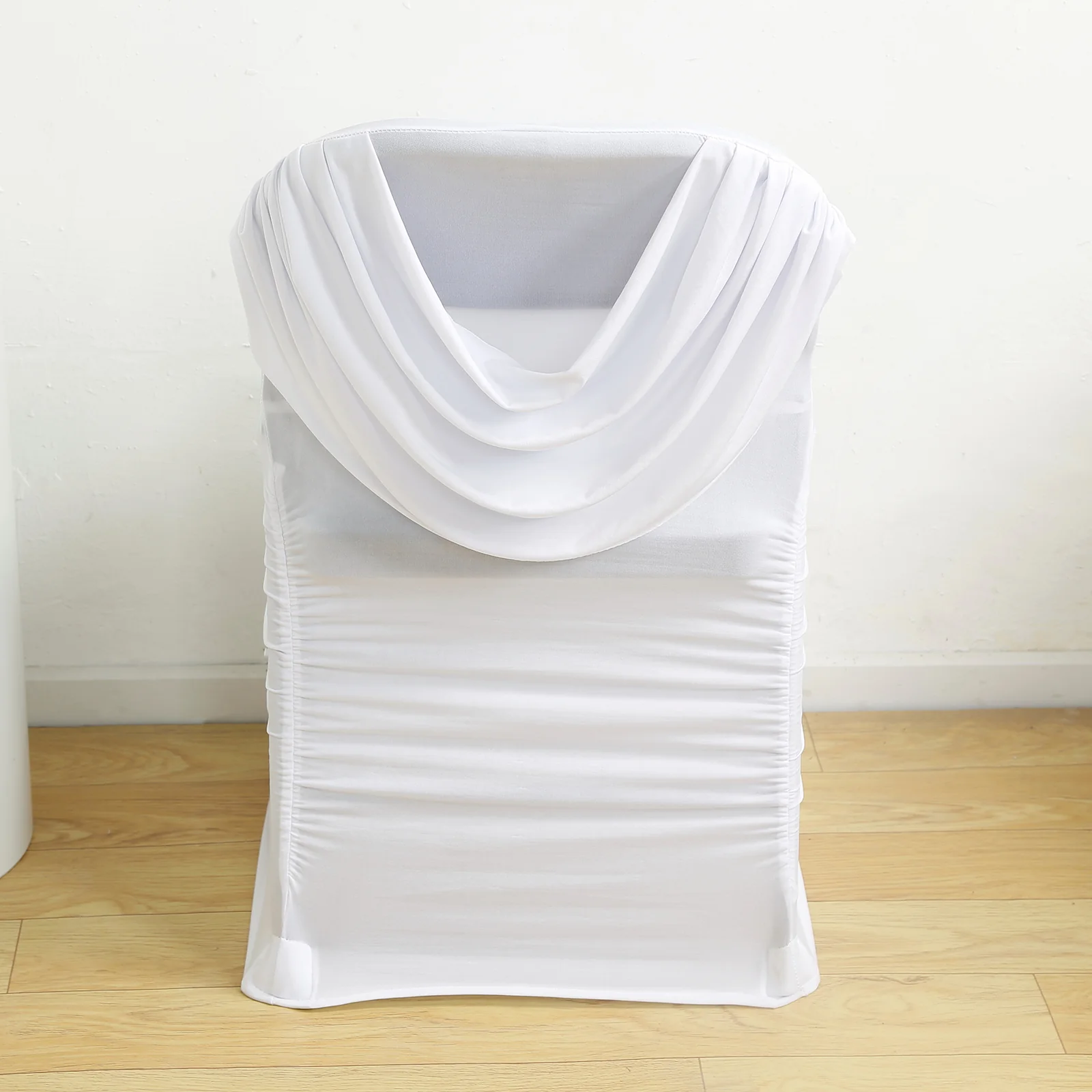Spandex Fitted Folding Chair Cover White with Ruched Swag Back and Foot Pockets – Durable Stretch Slipcover