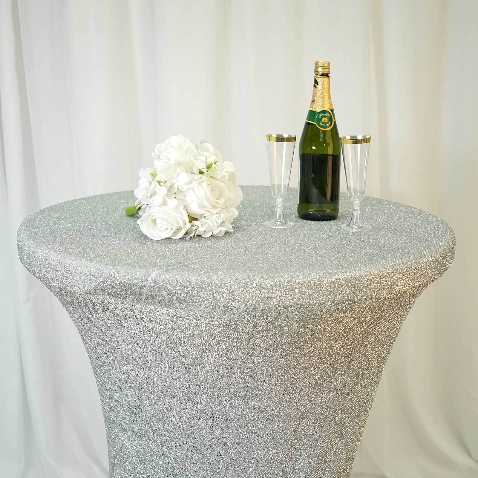 Metallic Spandex Fitted Glitter Cocktail Table Cover 36" Round Silver - Exquisite Stretch Fit for High Top Tables - Image 2