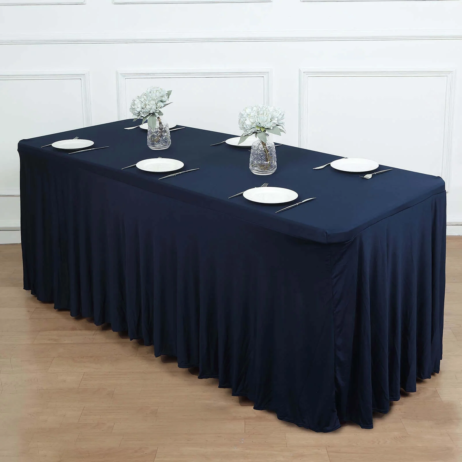 Spandex Rectangle Table Skirt 72"x30" Navy Blue - Wavy Skirt-Like Table Cover - Image 8