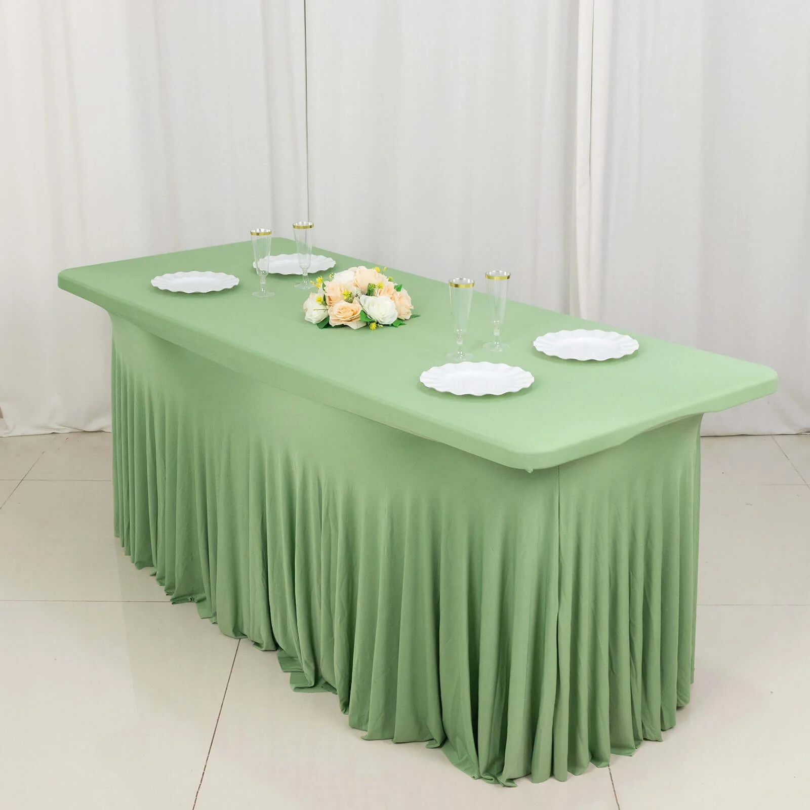 Spandex Rectangle Table Skirt 72"x30" Sage Green - Wavy Skirt-Like Table Cover - Image 2