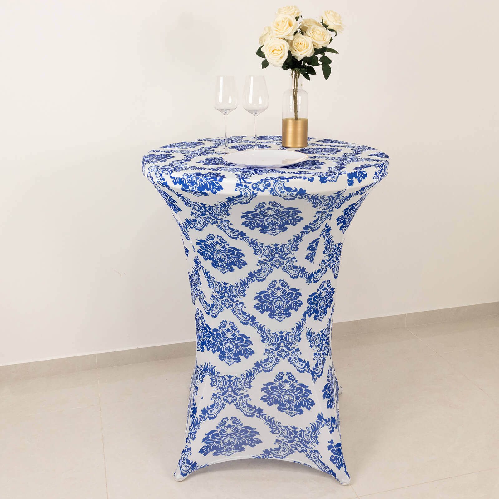 Spandex Round Cocktail Table Cover 30" Royal Blue Damask Highboy Tables - Easy to Maintain Stretch Fitted Tablecloth - Image 2