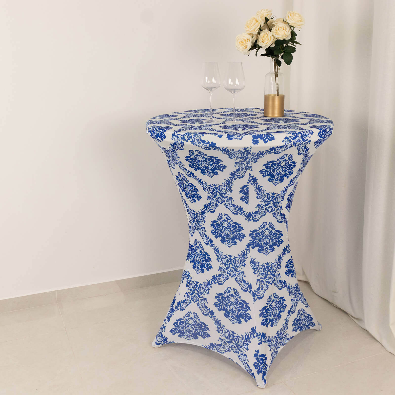 Spandex Round Cocktail Table Cover 30" Royal Blue Damask Highboy Tables - Easy to Maintain Stretch Fitted Tablecloth - Image 4