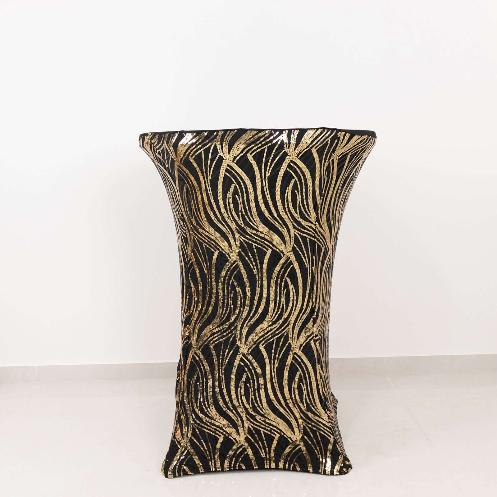Spandex Round Cocktail Table Cover 30" Black/Gold with Wave Embroidered Sequins - Glamorous Design for Upscale Events - Image 2