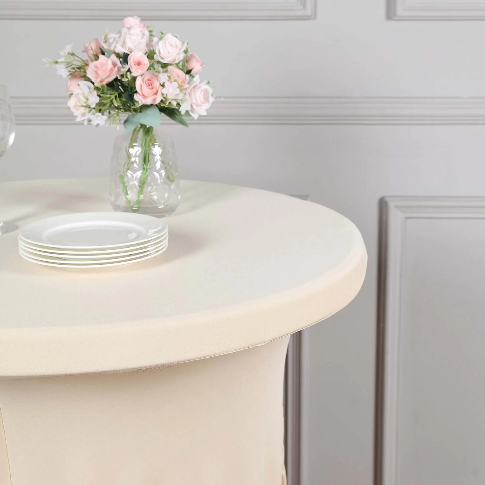 Spandex Round Cocktail Table Cover Skirt 30" Beige With Natural Wavy Drapes - Image 9