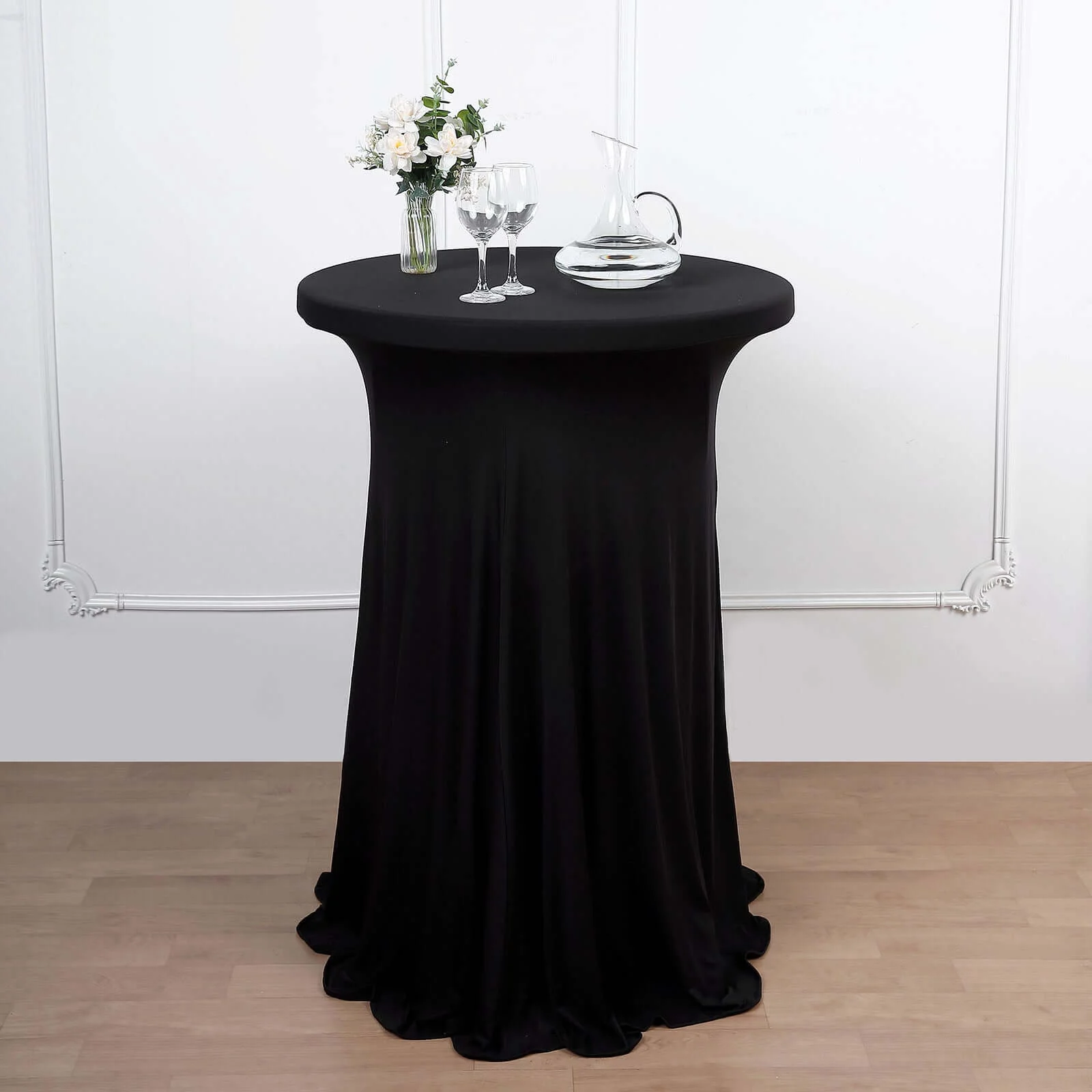 Spandex Round Cocktail Table Cover Skirt 30" Black With Natural Wavy Drapes - Image 2