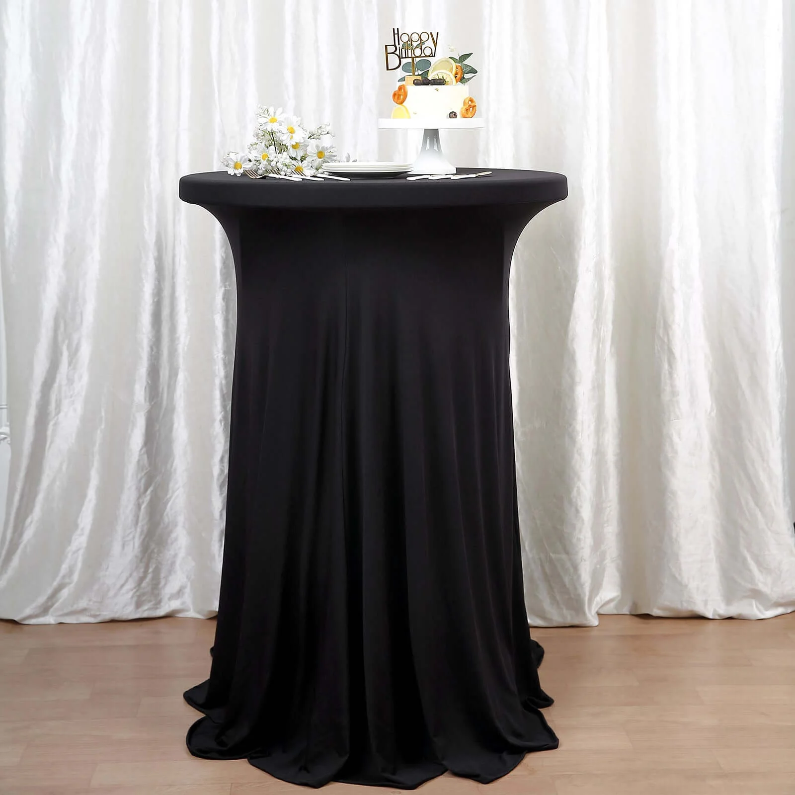 Spandex Round Cocktail Table Cover Skirt 30" Black With Natural Wavy Drapes - Image 6