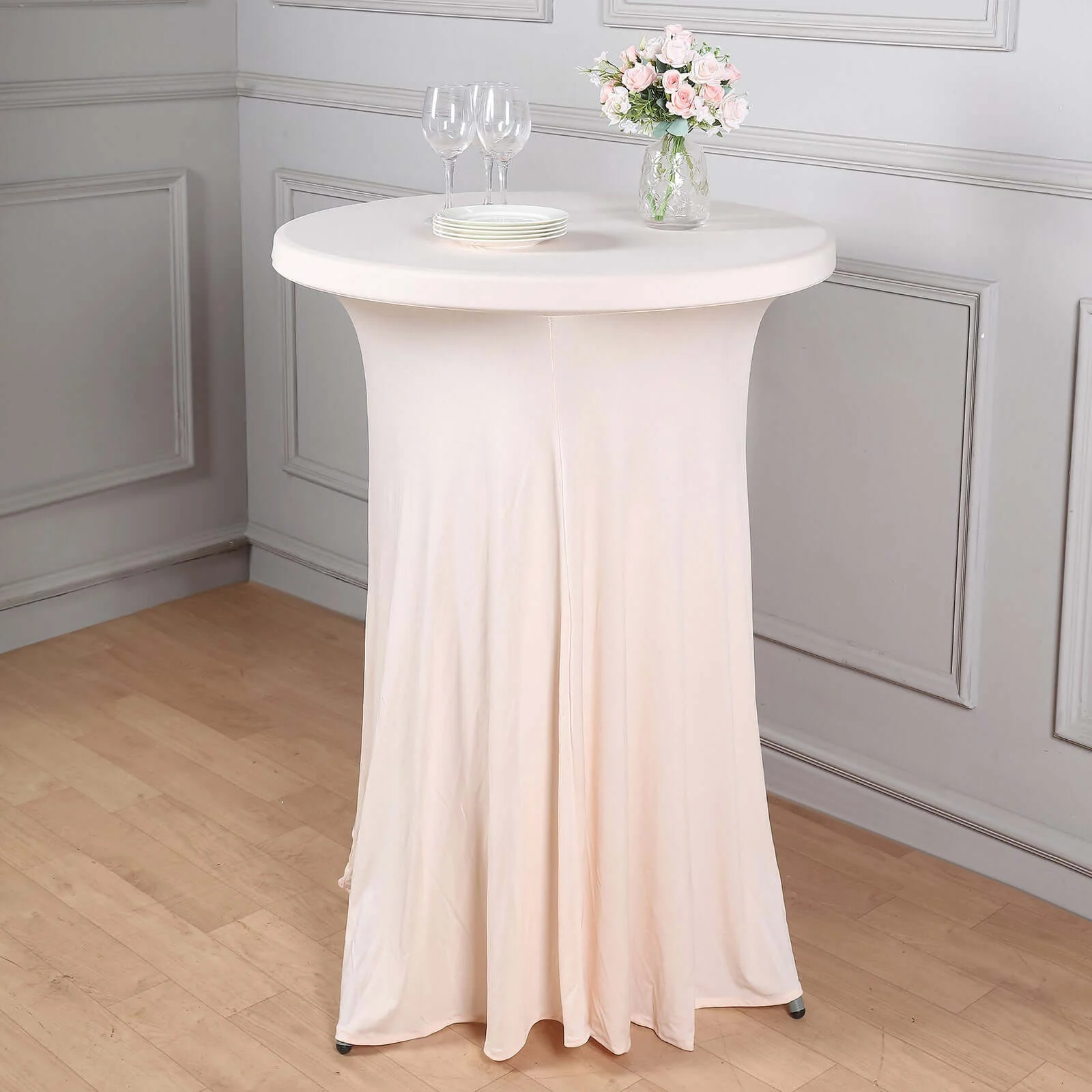 Spandex Round Cocktail Table Cover Skirt 30" Blush With Natural Wavy Drapes - Image 3